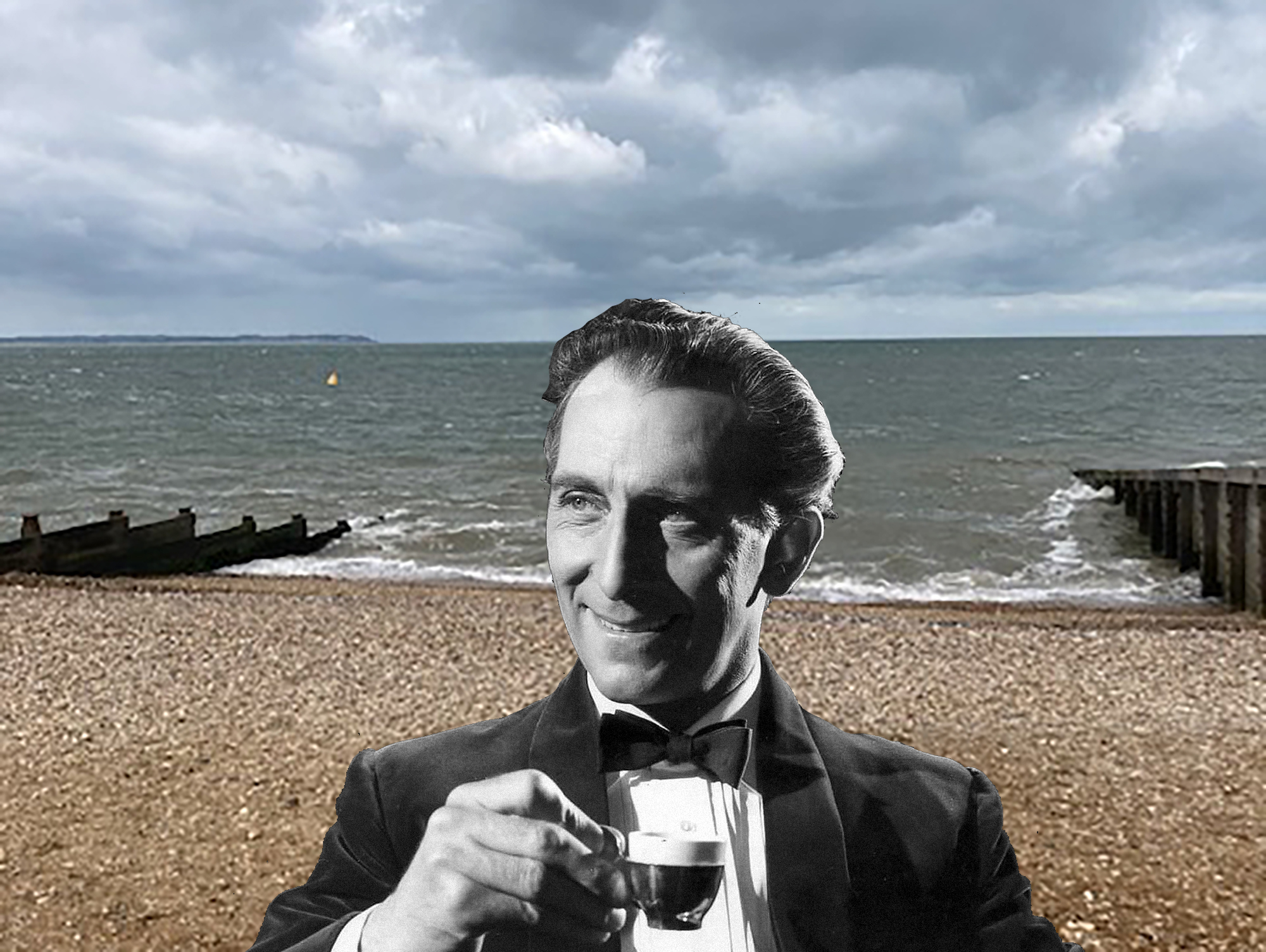 A man in a tuxedo holding a drink and standing on a pebble beach, with a stormy sea and cloudy sky in the background.