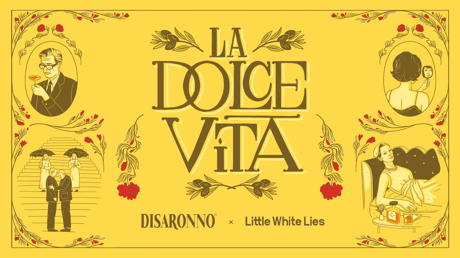 Ornamental poster in yellow and red featuring the title "La Dolce Vita" and illustrations of people, mushrooms, and flowers.