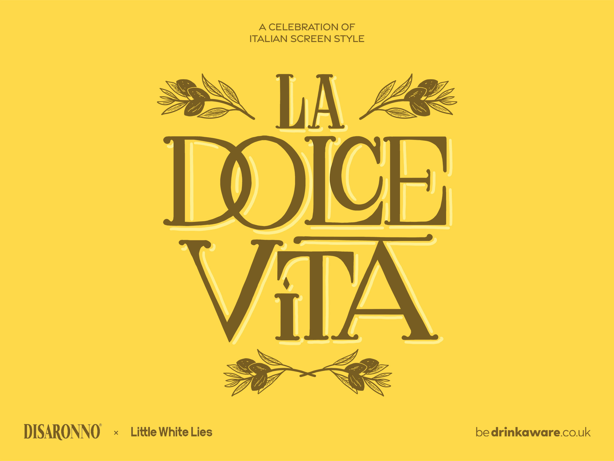 Text in bold: "La Dolce Vita"
Stylised title in gold with decorative elements on a yellow background.