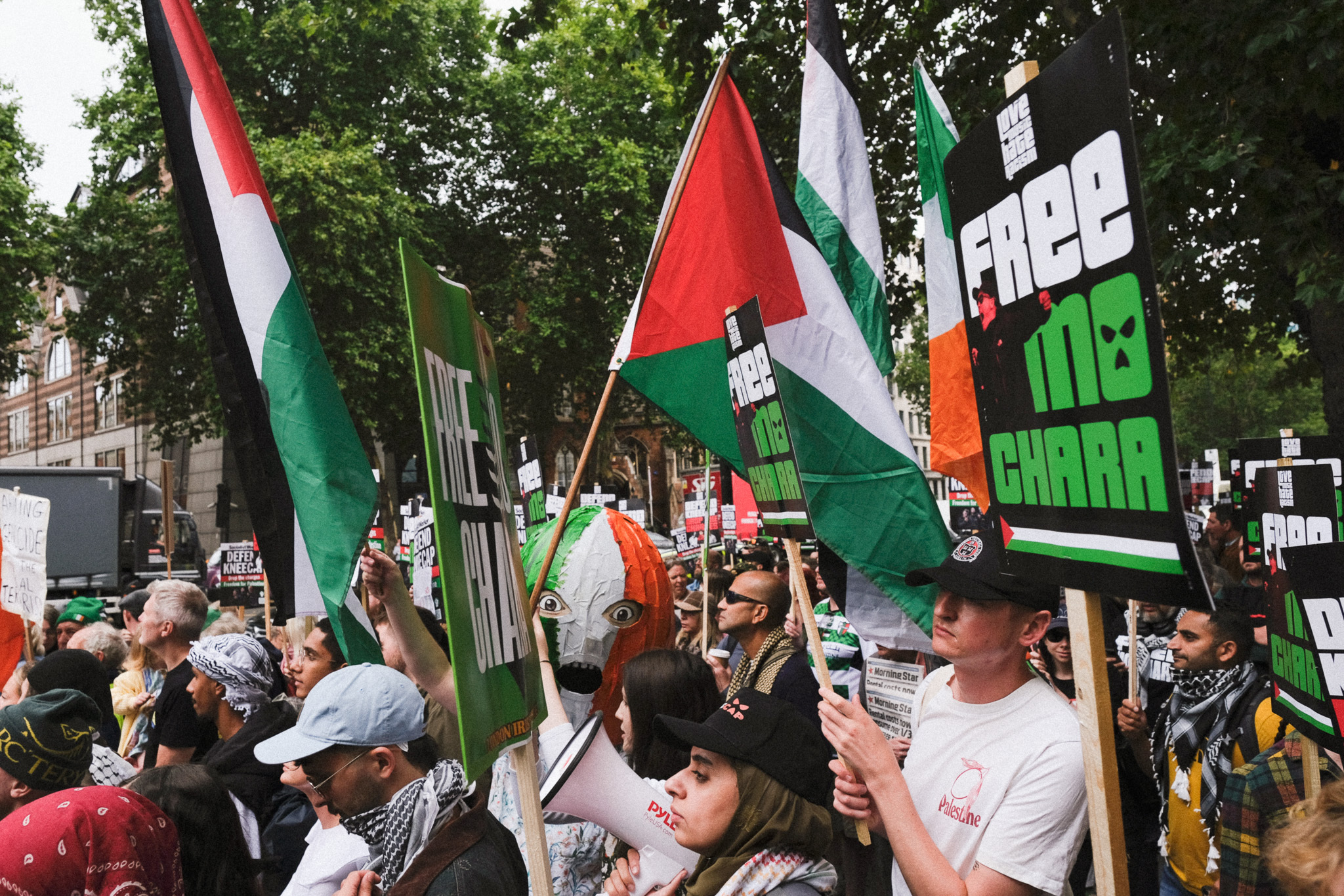 Protesters holding Palestinian flags and signs reading "Free Palestine" gathered on a tree-lined street with buildings visible in background.