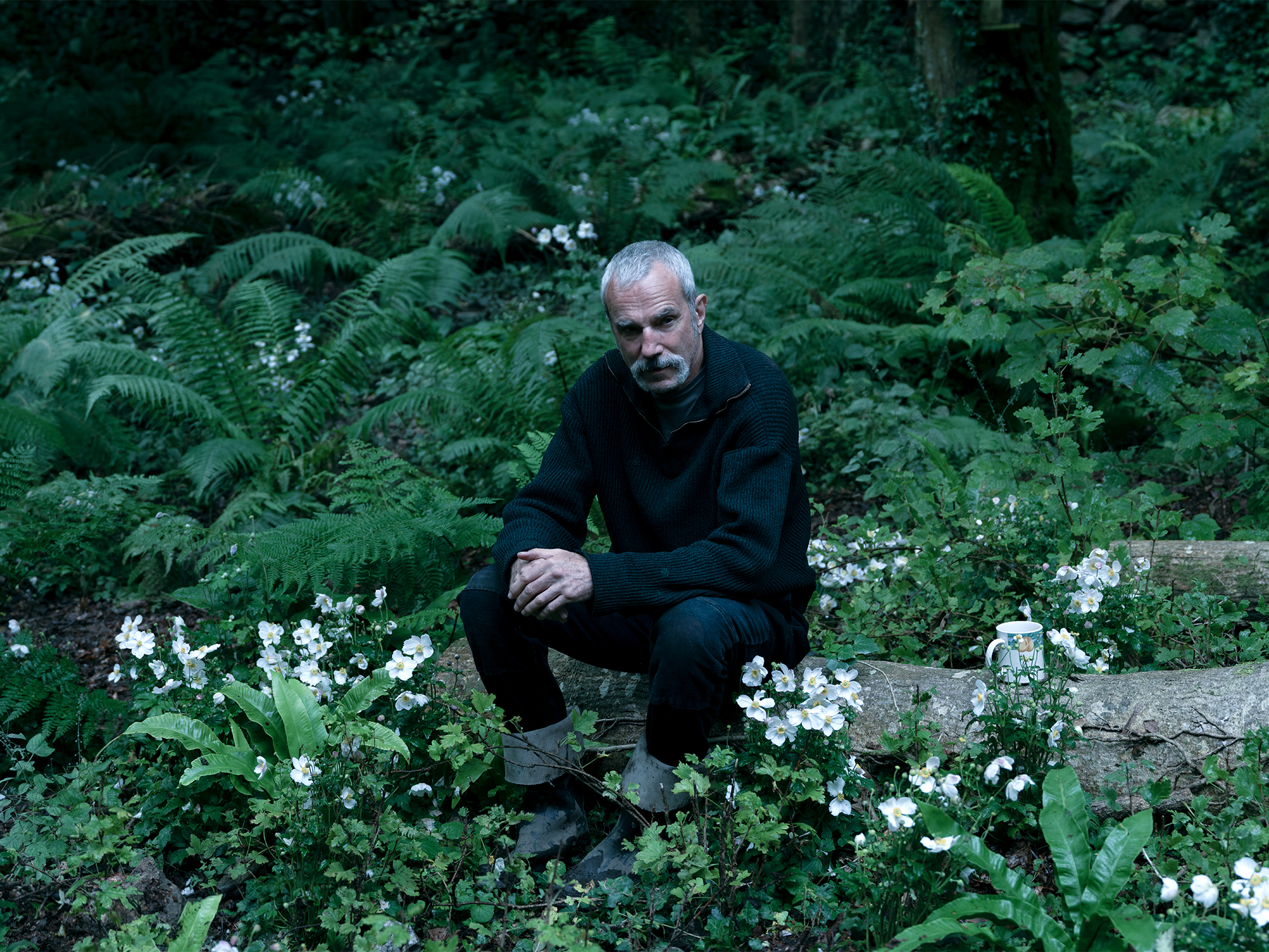 Elderly man with grey hair in dark clothing sits on stone wall surrounded by lush green ferns and small white flowers.