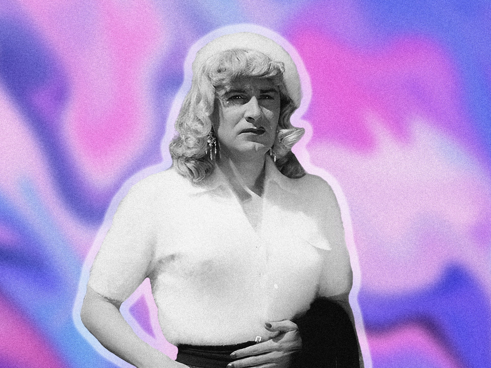 Black and white portrait of person with blonde curly hair and white top against swirling purple, pink and blue gradient background.