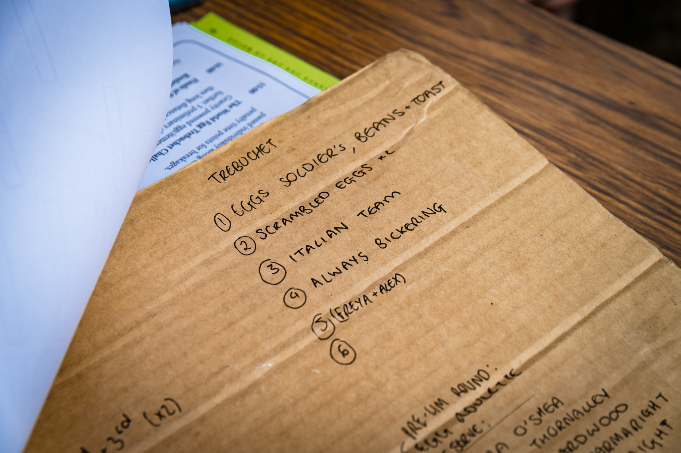 Handwritten notes on brown paper with numbered feedback points, alongside white documents on wooden desk surface.