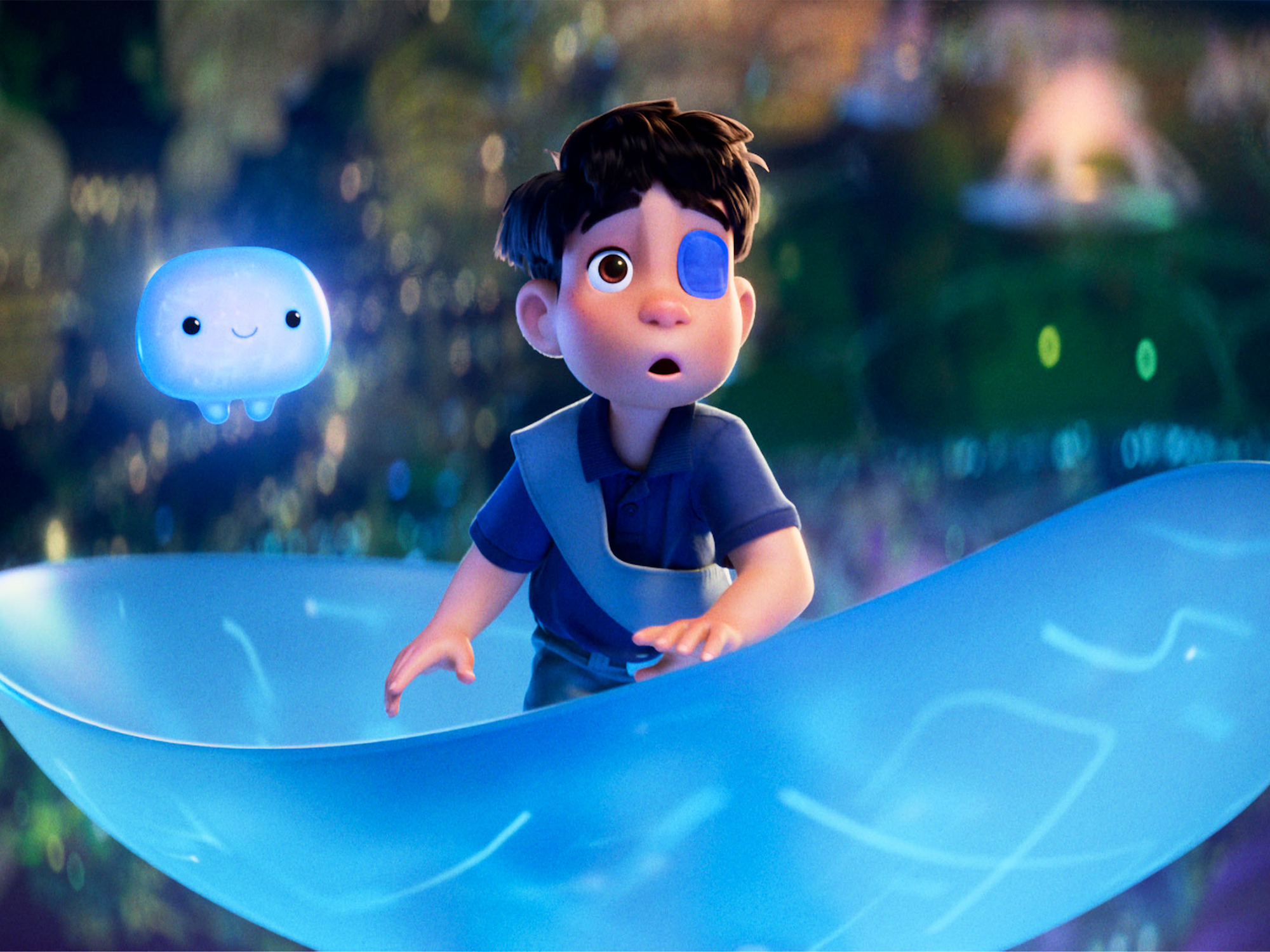 Young boy in a blue shirt sitting in a blue, glowing boat on a dark, shadowy lake, with a small white creature floating nearby.