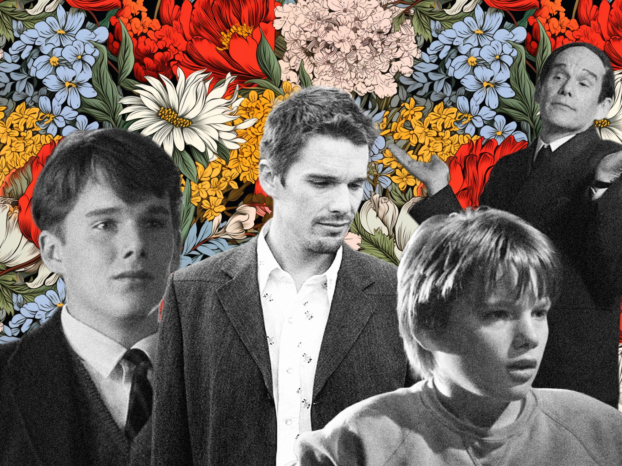 Black and white portraits of four men arranged against vibrant floral background with red, blue, yellow, and pink blooms and green foliage.