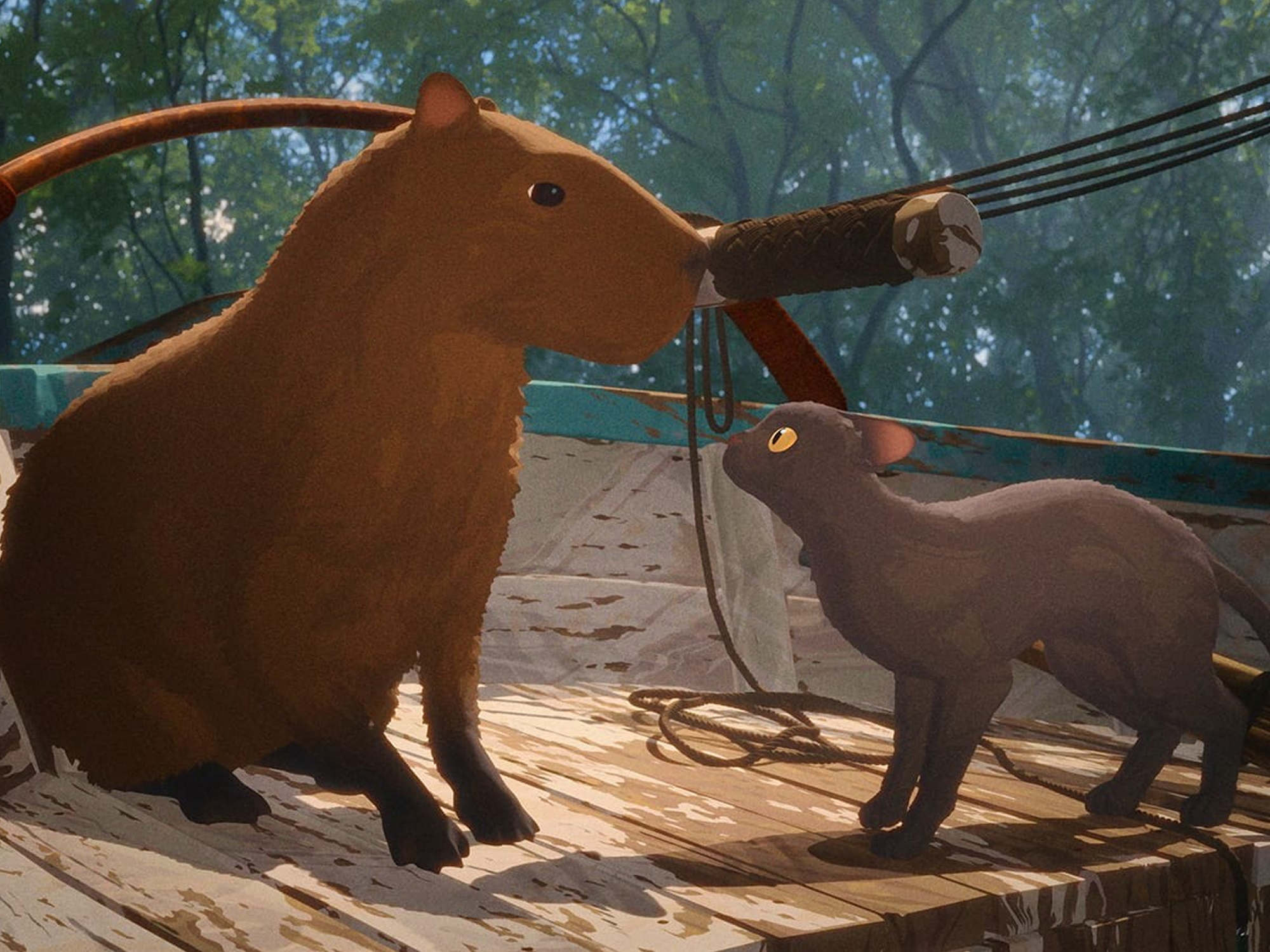 Wooden statues of two bears on a wooden deck, with trees and foliage in the background.