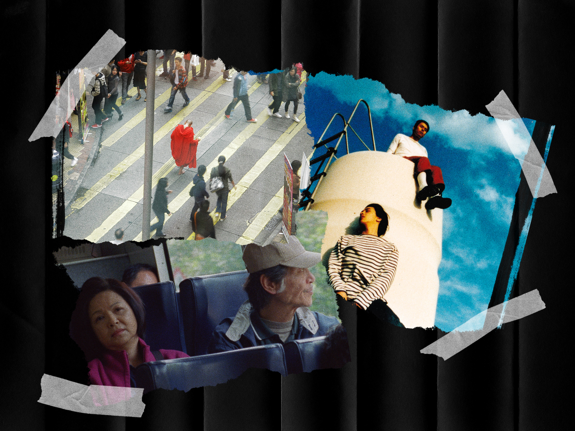 Collage depicting crowd crossing street, person standing in large tent, clouds and sky in background, bold colours and geometric shapes.