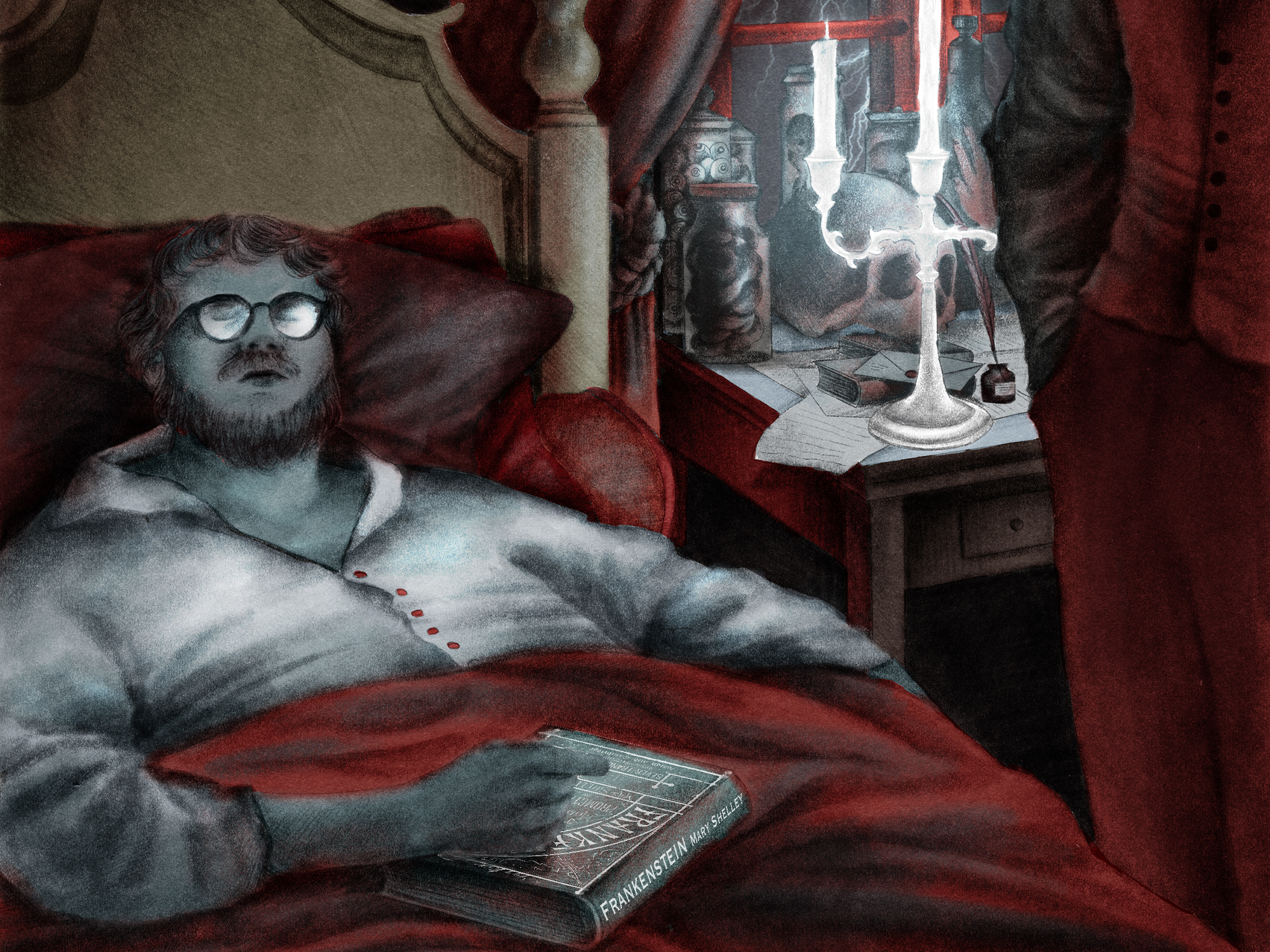 Illustration of grey-skinned figure with glasses in red bed, white candle on wooden table, warm brown and red interior tones.