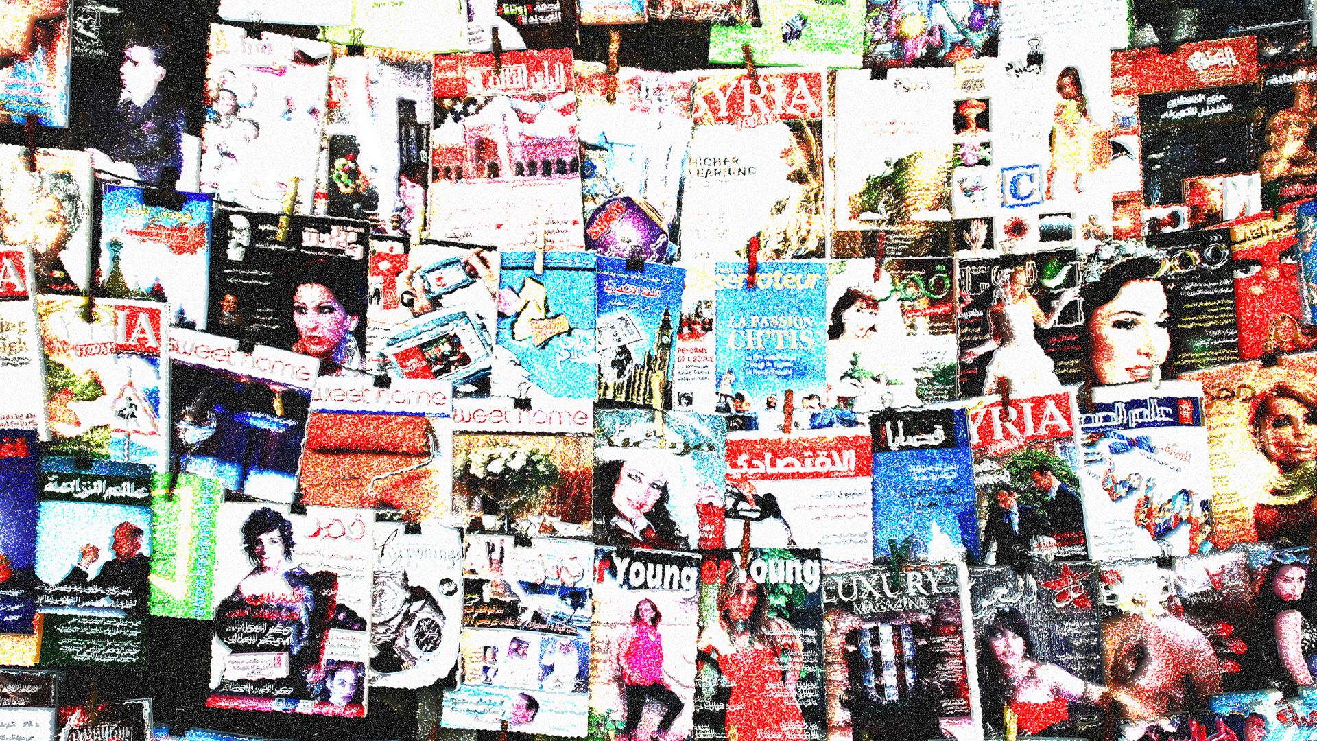 Wall covered in overlapping magazine pages and clippings featuring bright colours, text in various languages, and celebrity portraits.