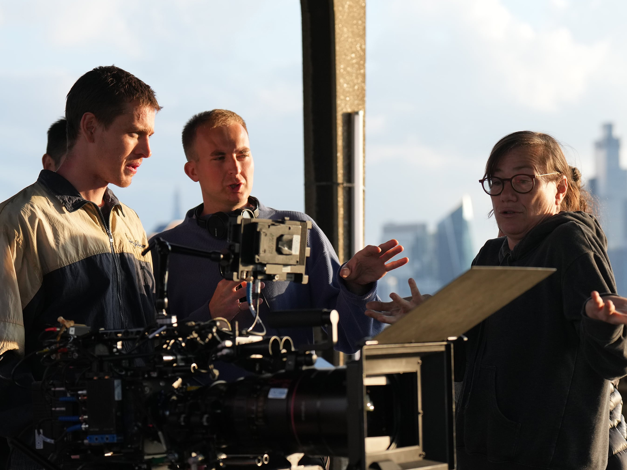 Harris Dickinson, Archie Pearch and Josée Deshaies on the Urchin set