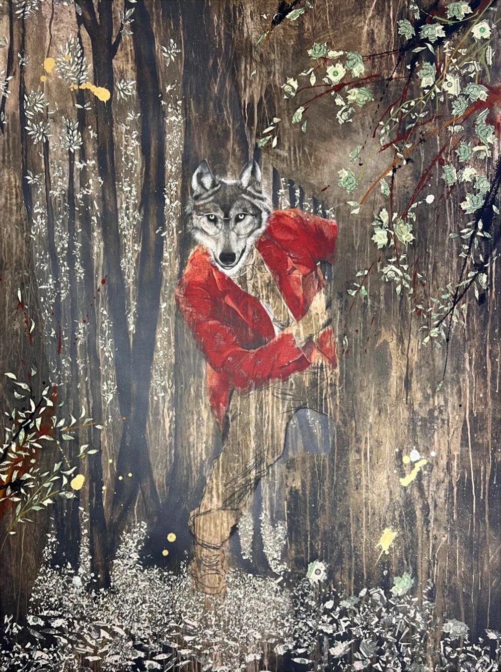 Illustration of grey wolf head on human figure in red hooded coat, standing amongst brown tree trunks with white flowering branches.
