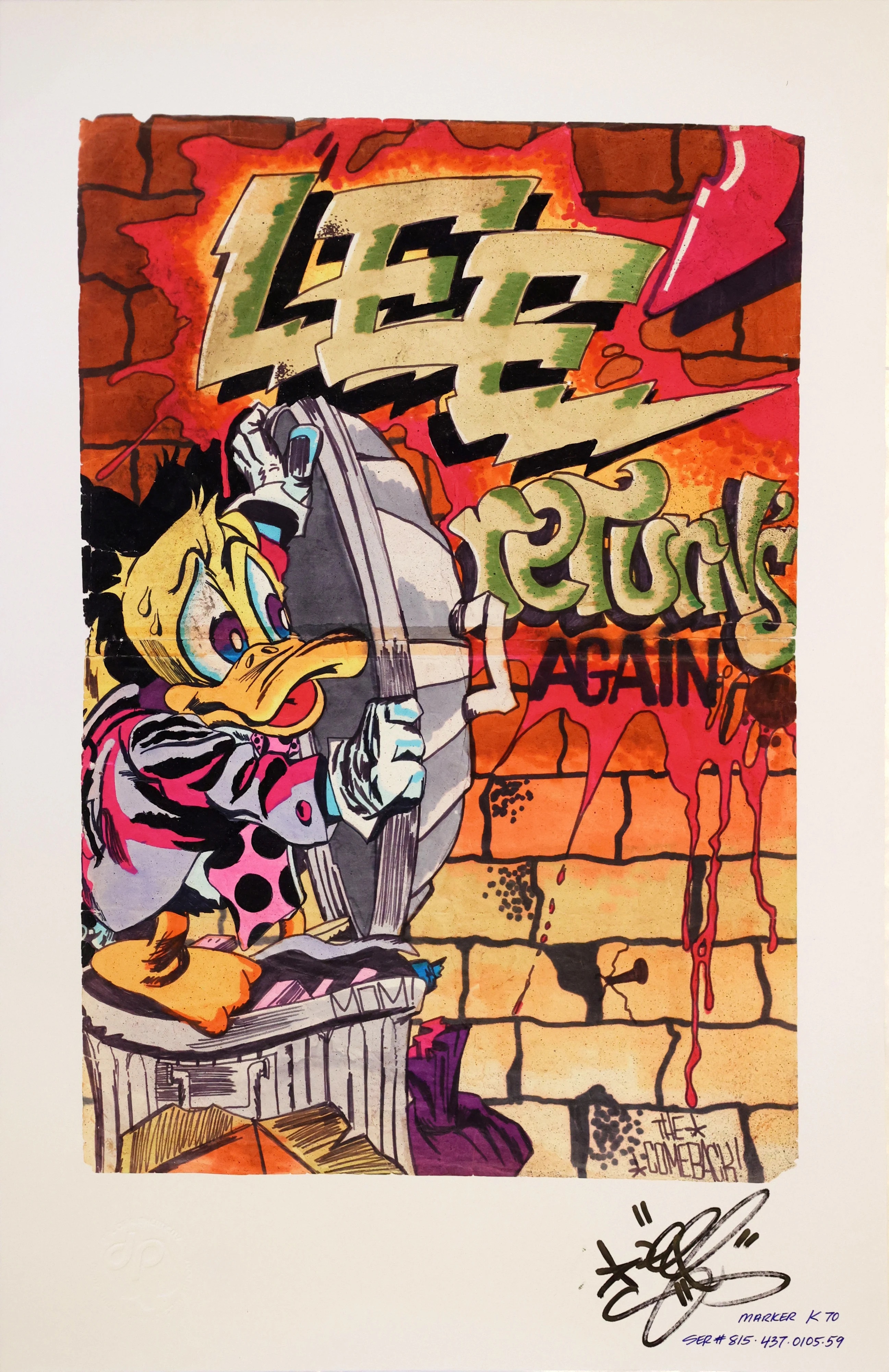 Cartoon duck character holding rifle against brick wall background with graffiti-style text in yellow, green and red colours.