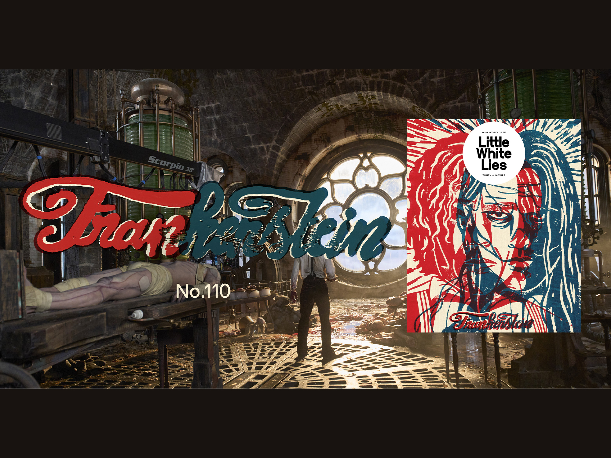 Underground tunnel with brick arches, person silhouetted against bright circular window. Red graffiti text, colourful poster with red and blue hair design visible on right wall.