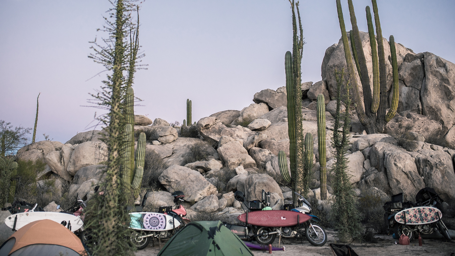 Rugged desert landscape with tall cacti, rocky terrain, and camping equipment in the foreground.