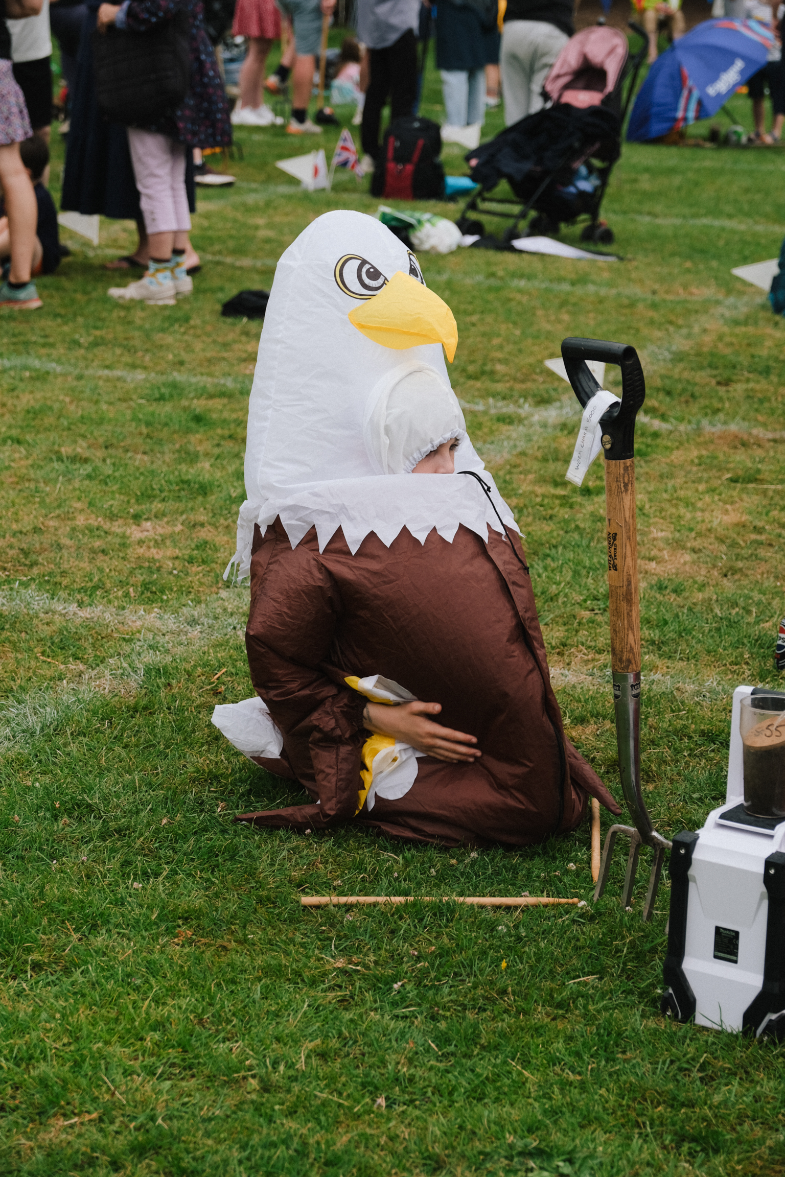 Person in bald eagle costume with white head, yellow beak, and brown body sits on grass with walking stick at outdoor event.