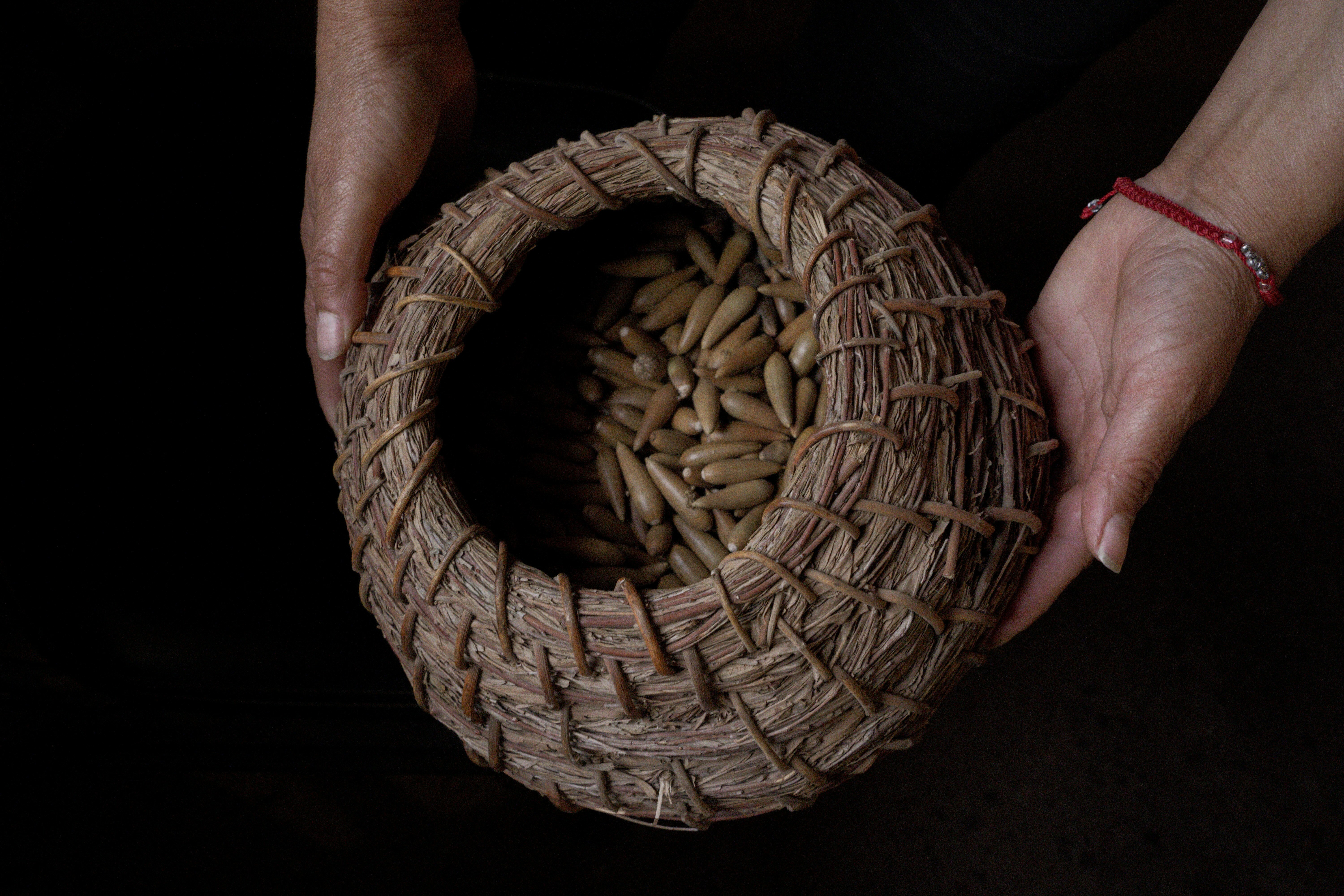 Woven straw basket filled with dried corn cobs on black background.
