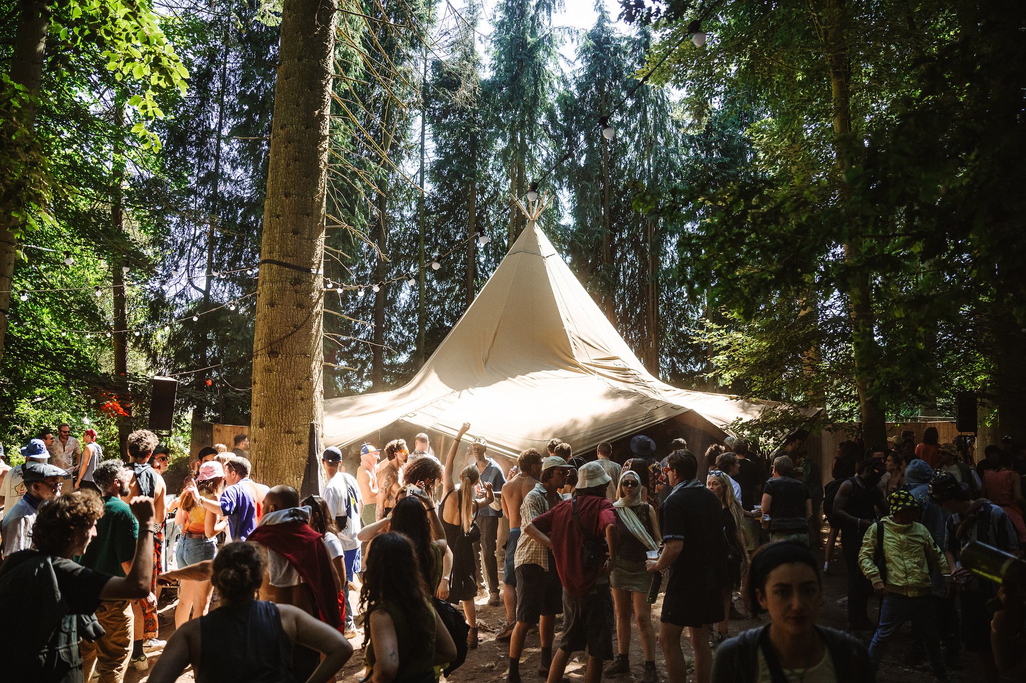 Large white triangular canopy tent surrounded by crowd of people in forest setting with tall trees and dappled sunlight.