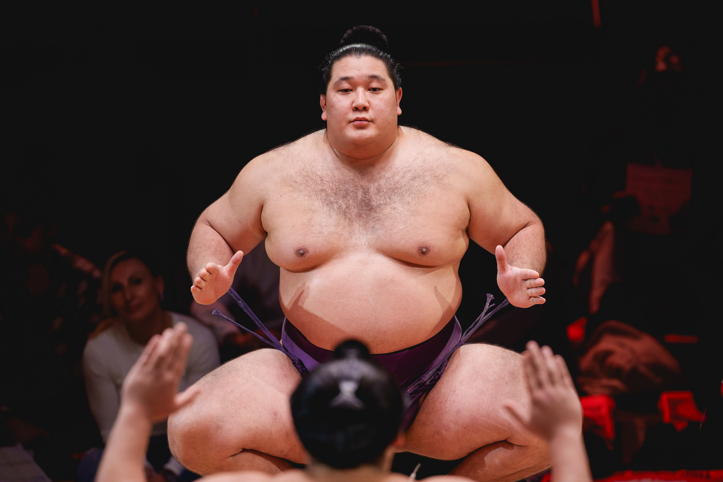 Sumo wrestler in purple mawashi crouched in ready position, arms raised, with spectators visible in background.