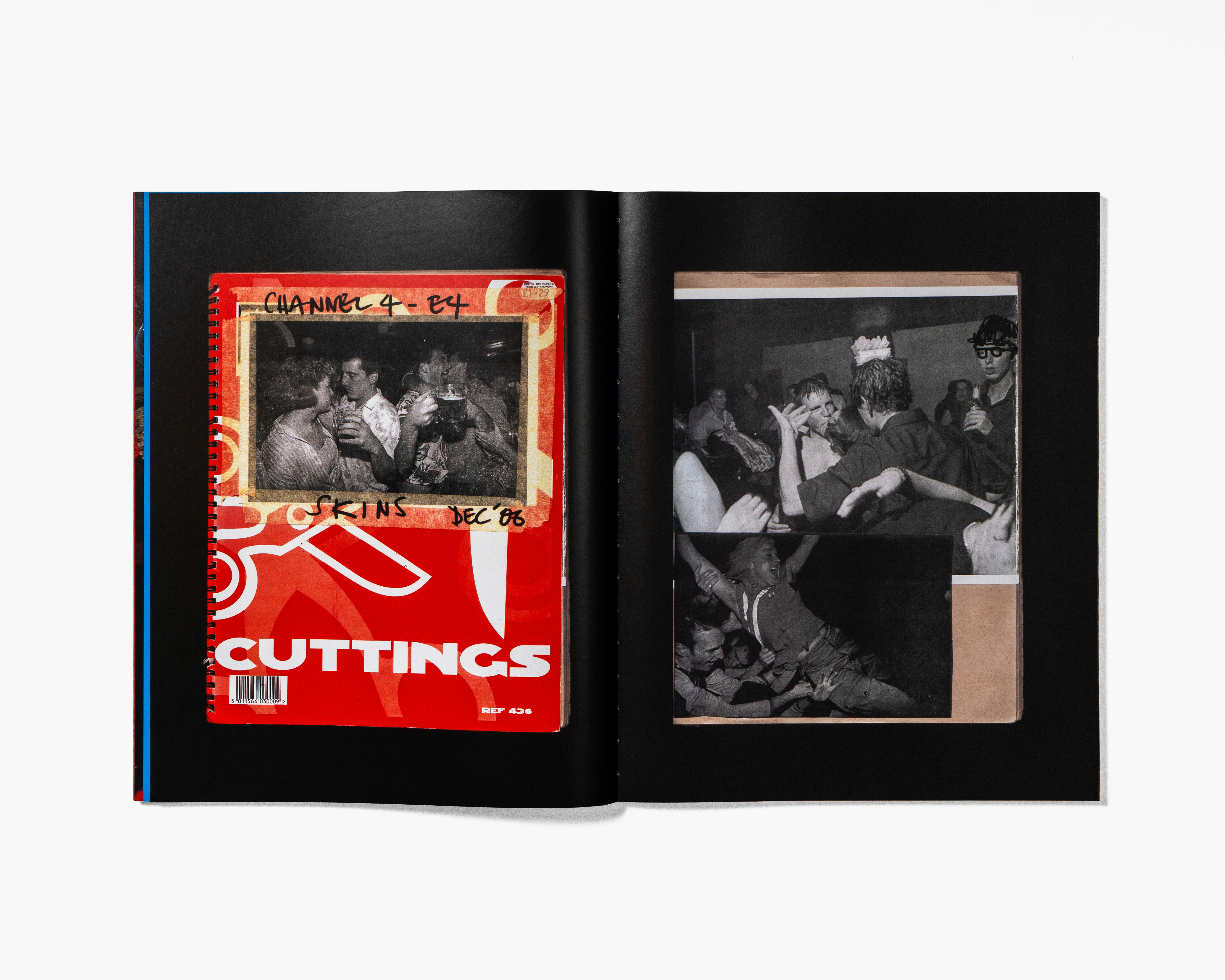 A red DVD case titled "Cuttings" on the left, showing a grainy black and white image of people. On the right, another black and white image of people gathered in what appears to be a social setting.