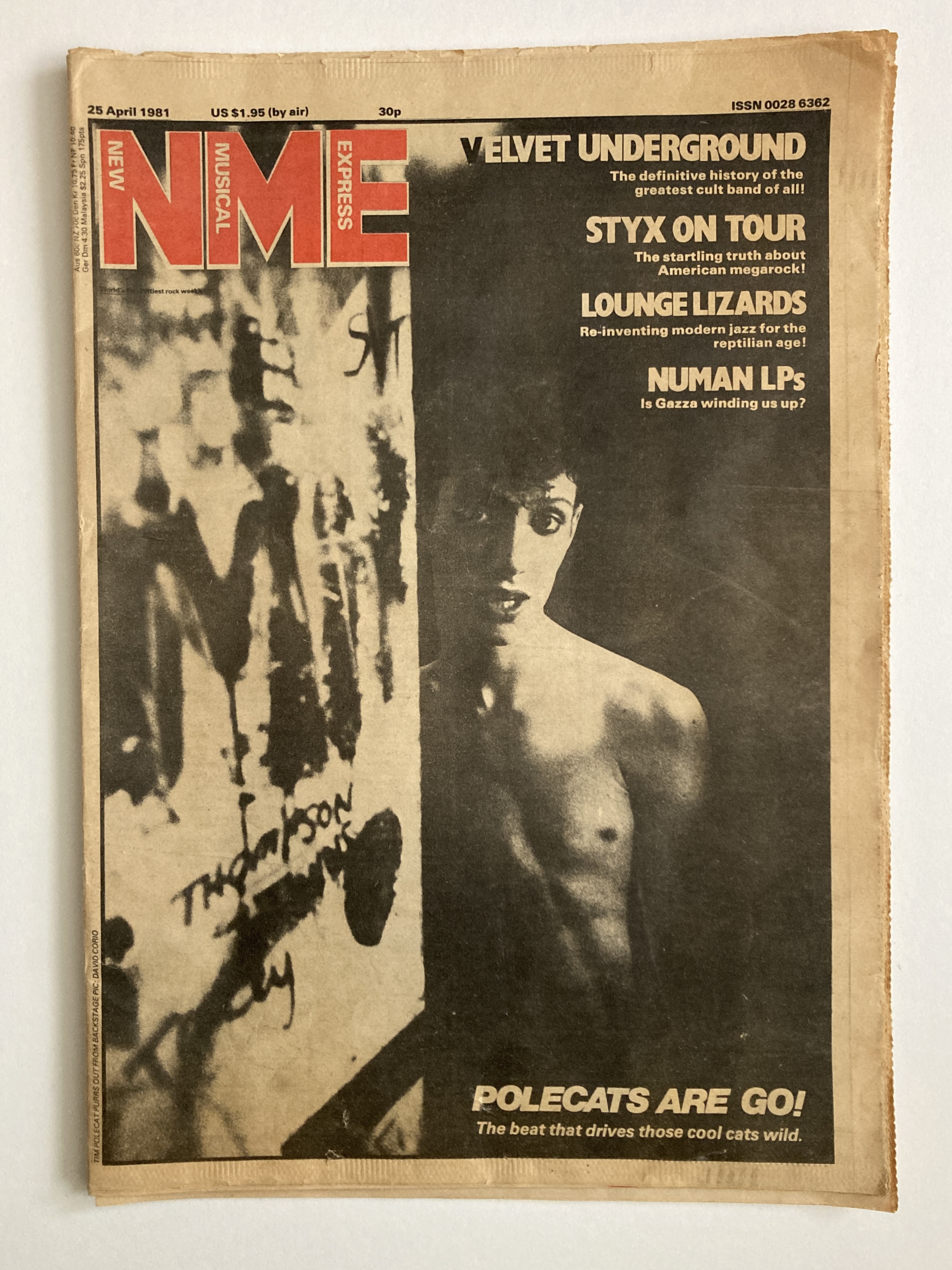 Magazine cover featuring Velvet Underground and other rock acts. Monochrome image of a shirtless man. Bold text includes "Velvet Underground", "Styx on Tour", and "Polecats Are Go!"