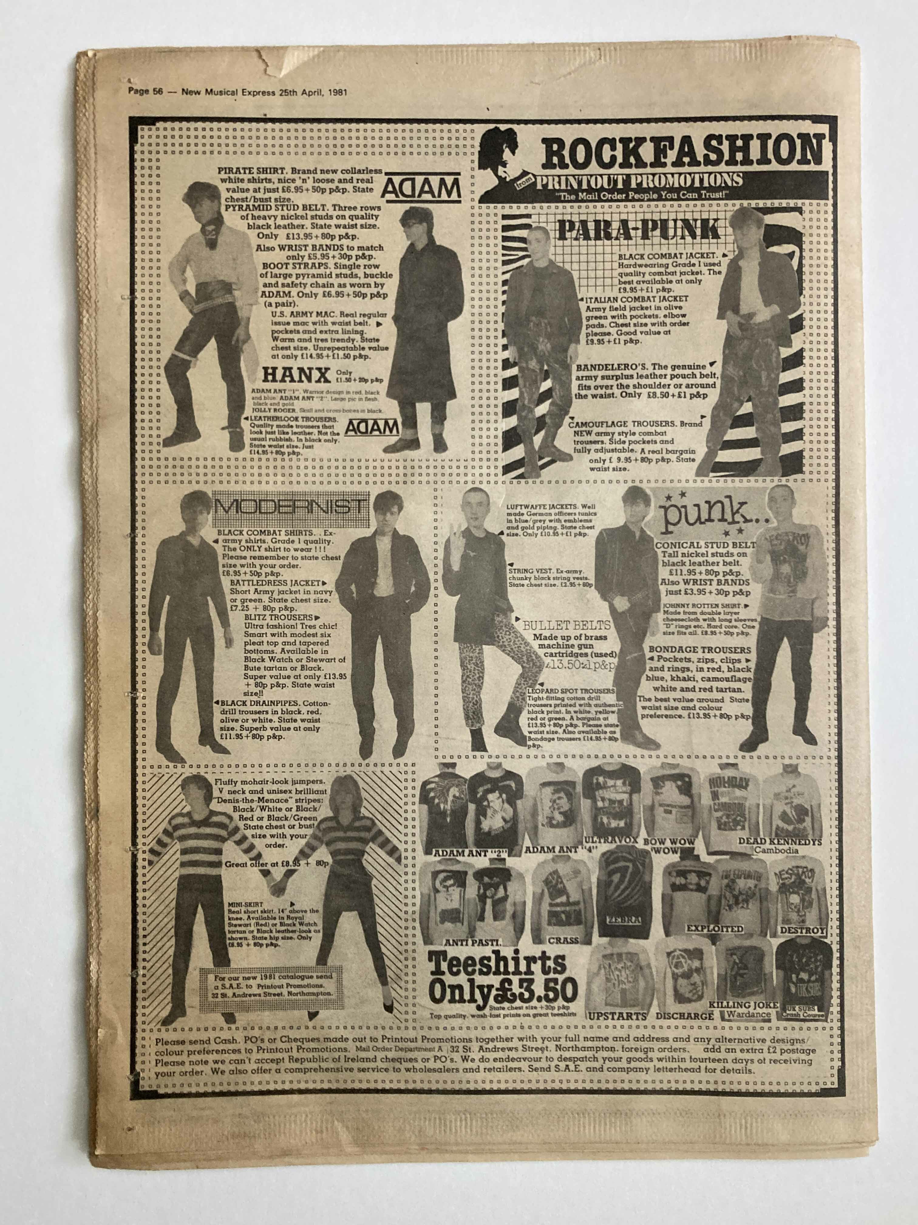Retro punk fashion advertisement featuring illustrations of clothing styles like para-punk and adam, with pricing details.