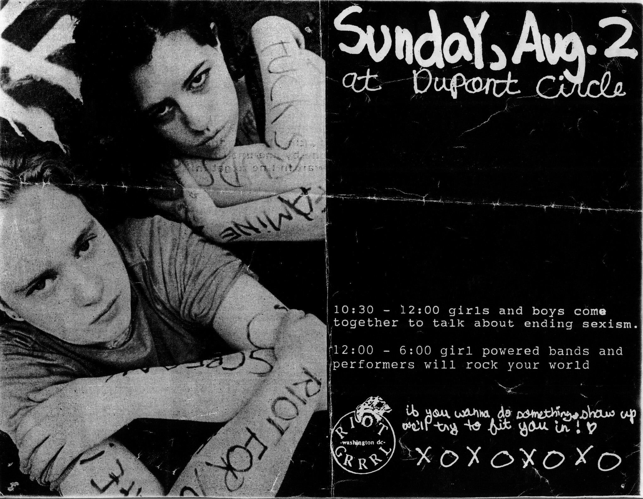 Two people, a man and a woman, resting their heads together. Text promoting an event on Sunday, August 2nd at Dupont Circle, with details about the schedule.