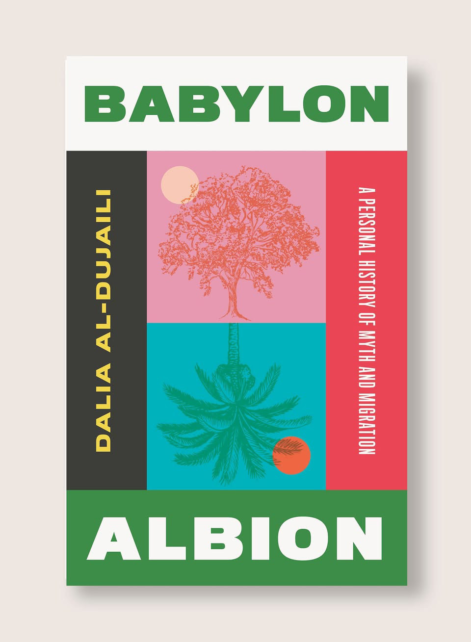 Illustration of contrasting shapes and colours forming the text "Babylon" and "Albion" with a central tree image.