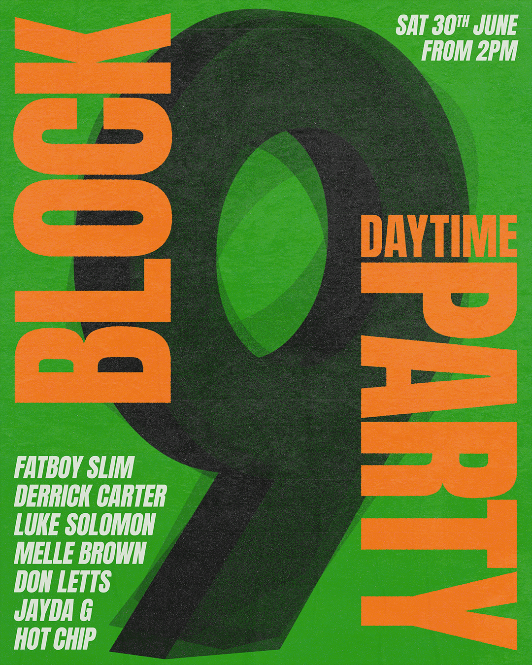 Daytime party event poster with date, performers, and large "Bloc Party" text on a green background.