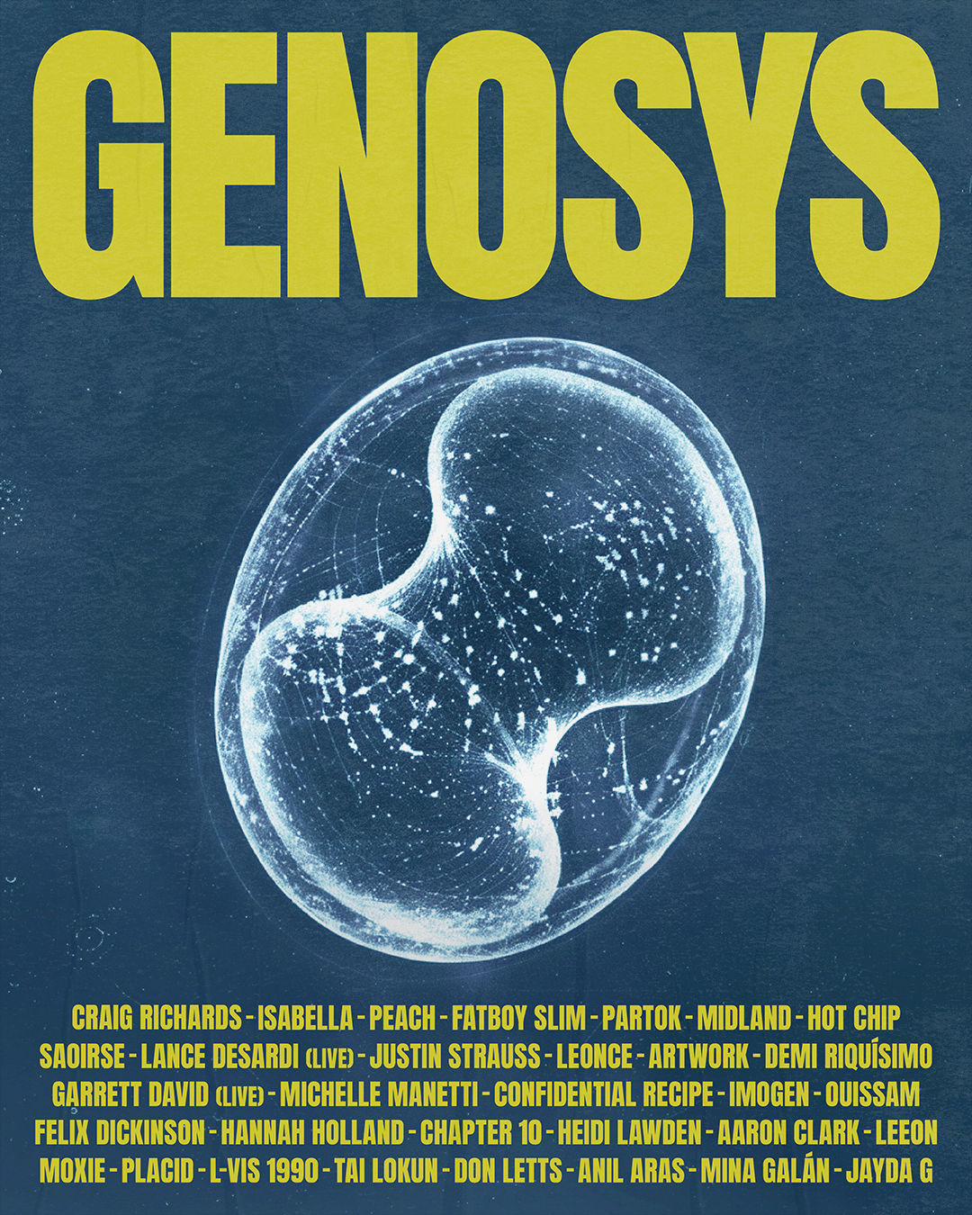 Large white organism-like shape with intricate patterns, on a dark blue background with the text "GENOSYS" in bold yellow letters.