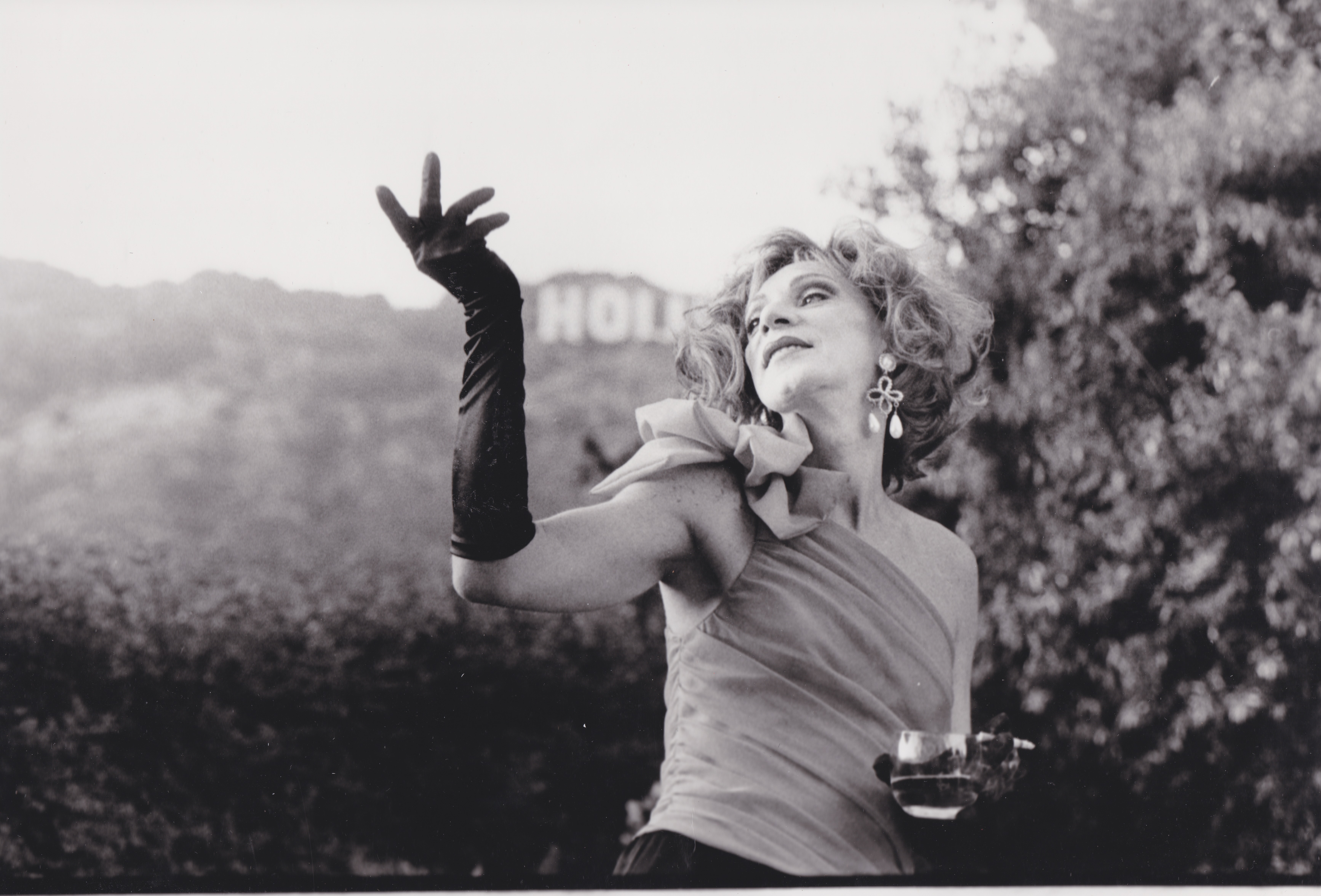 Close-up view of a woman in a vintage pose, with flowing hair and an outstretched hand, set against a hazy, scenic background.
