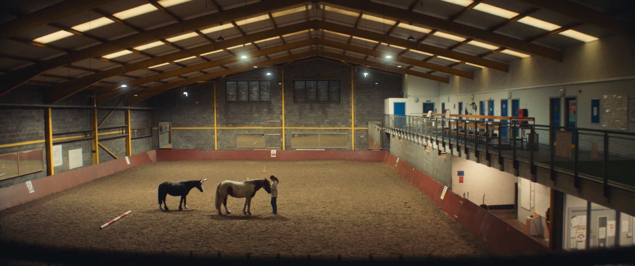 An indoor riding arena with wooden beams and lighting. Two horses stand in the centre of the arena.
