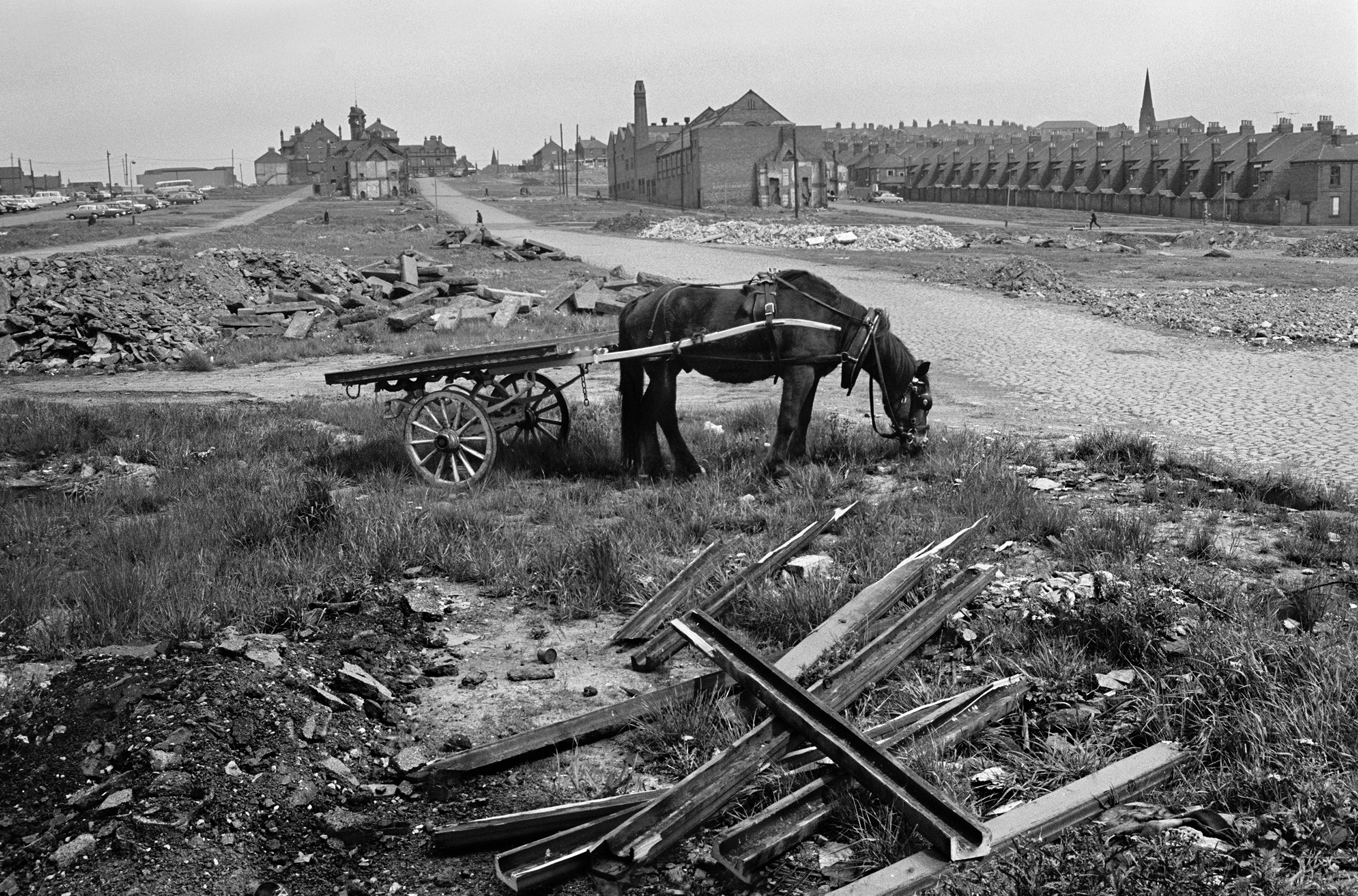 Horse-drawn cart in derelict urban landscape, buildings and debris visible in background.