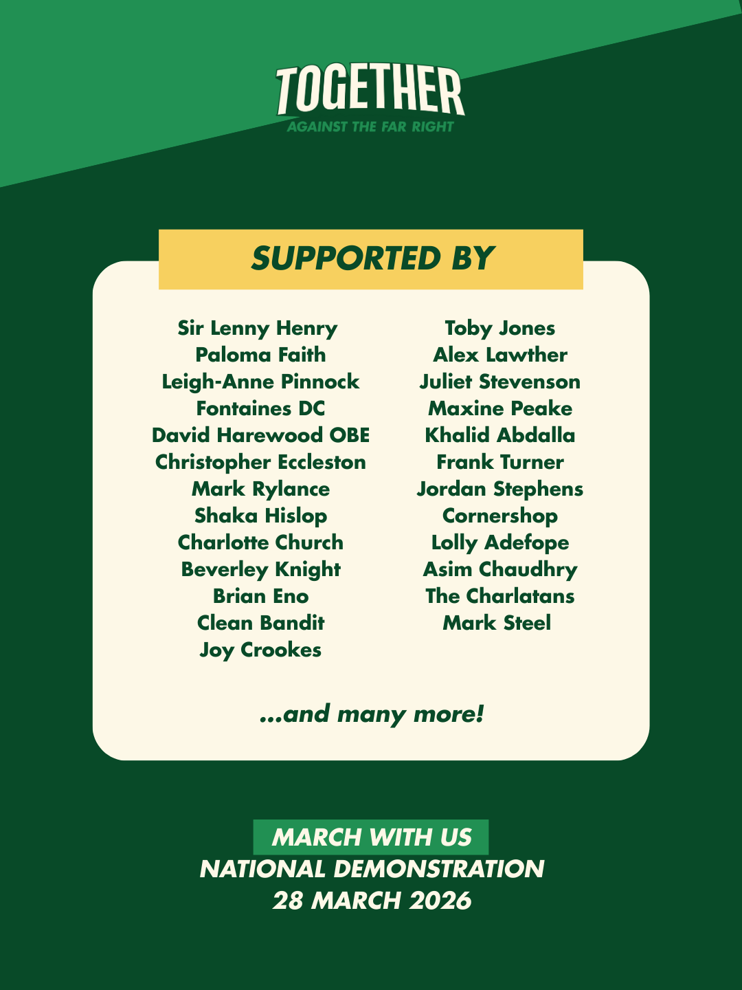 Green poster with white "TOGETHER" header. Yellow banner above cream box listing supporter names in two columns. White text at bottom reads "MARCH WITH US NATIONAL DEMONSTRATION 28 MARCH 2026".