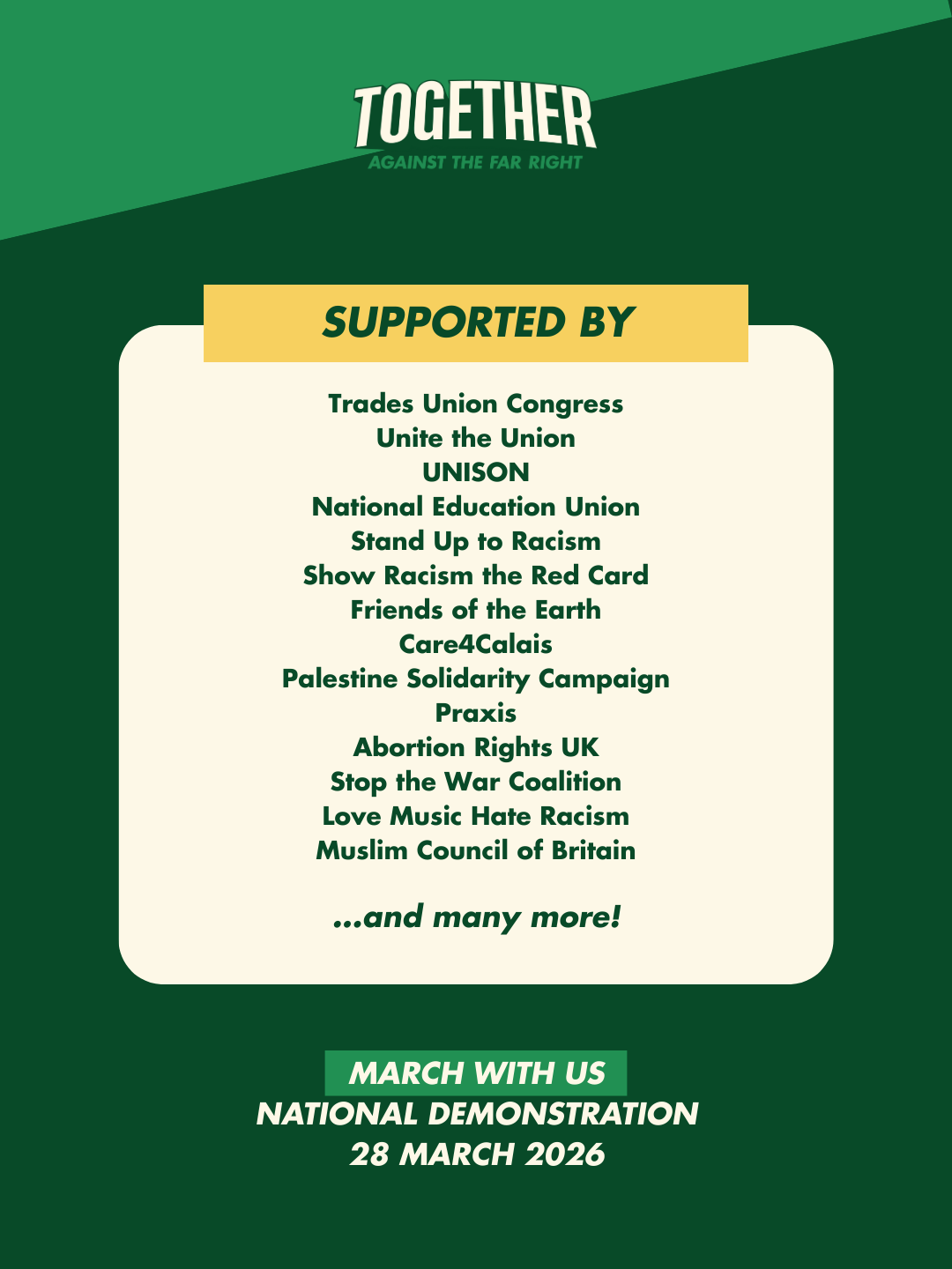 Green poster with white "TOGETHER" text at top. Yellow banner above cream rounded rectangle listing supporting organisations in black text. White text at bottom announces march details for 28 March 2026.