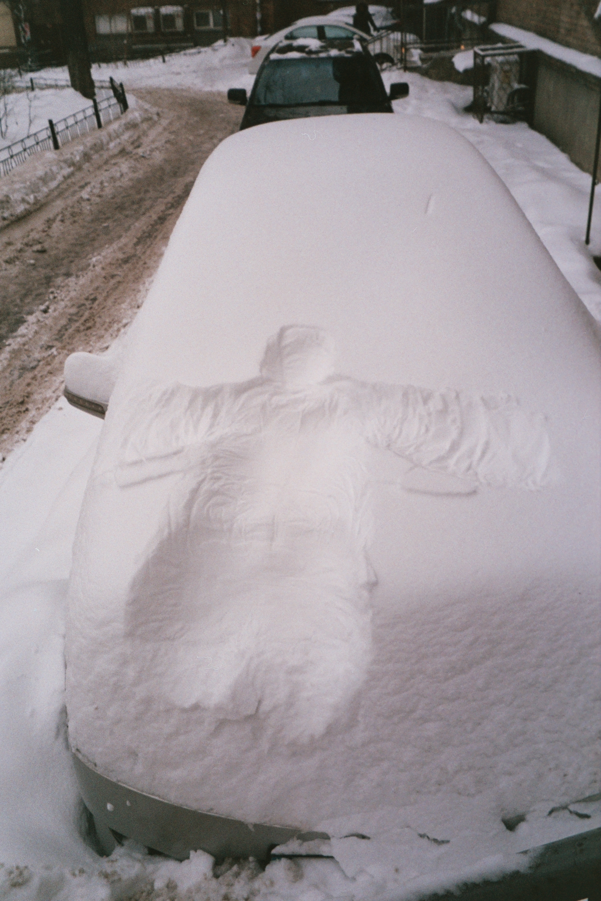 Cars covered in heavy snow on a snowy street.