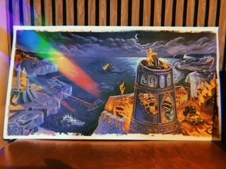 Colourful abstract painting depicting fantasy landscape with floating islands, glowing crystals, and flying creatures.