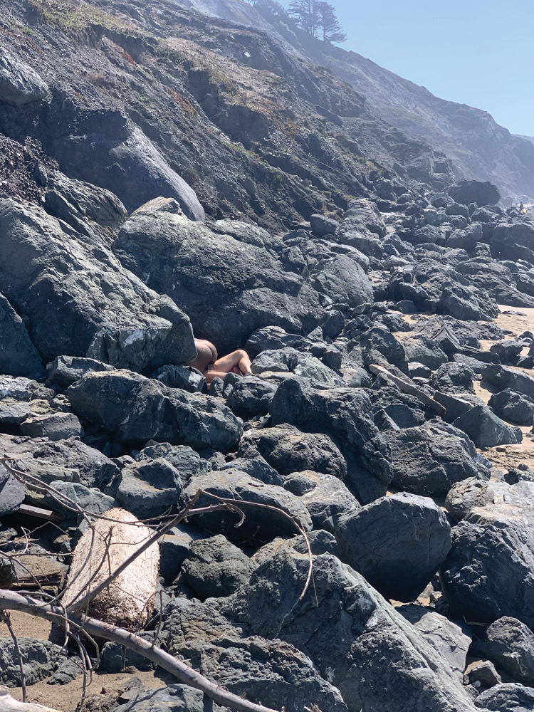 Rocky coastline with grey boulders scattered across beach, person sitting amongst rocks, misty cliffs and trees visible in background.