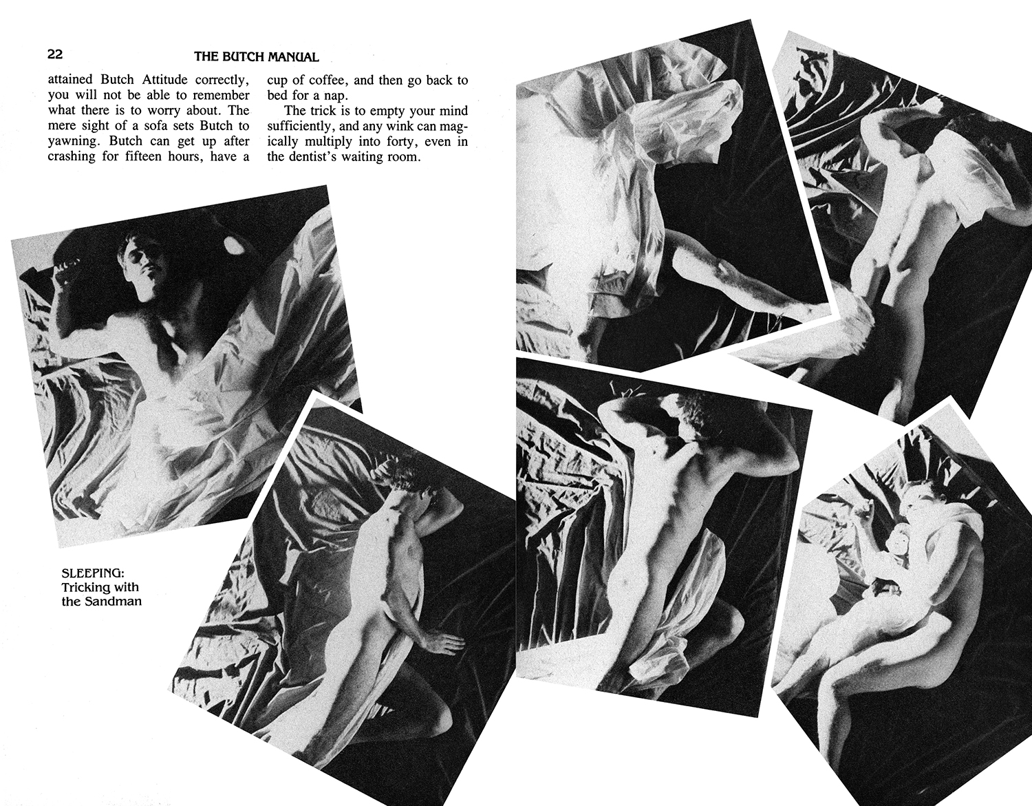 Vintage manual page with black and white photographs scattered across white background, showing text about "The Hitch Manual" and "Sleeping" sections.