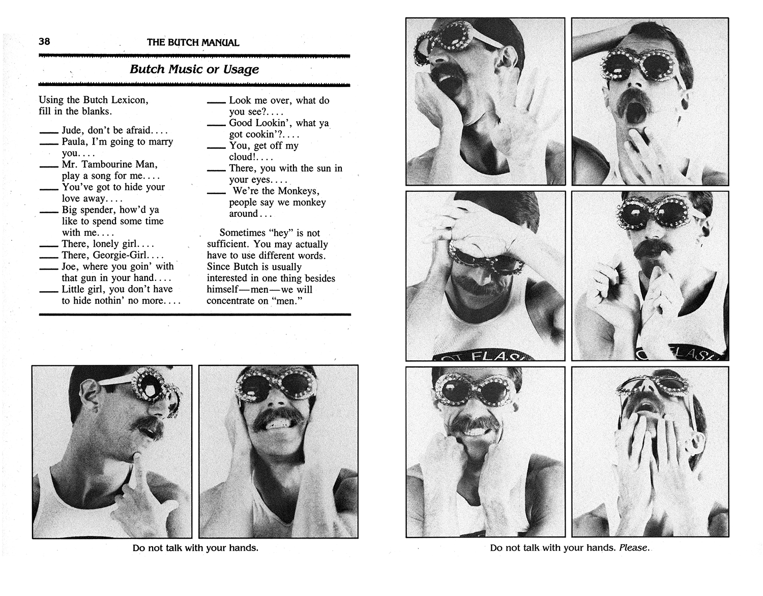 Manual page showing black and white photographs demonstrating hand gestures and facial expressions, with instructional text on left side.
