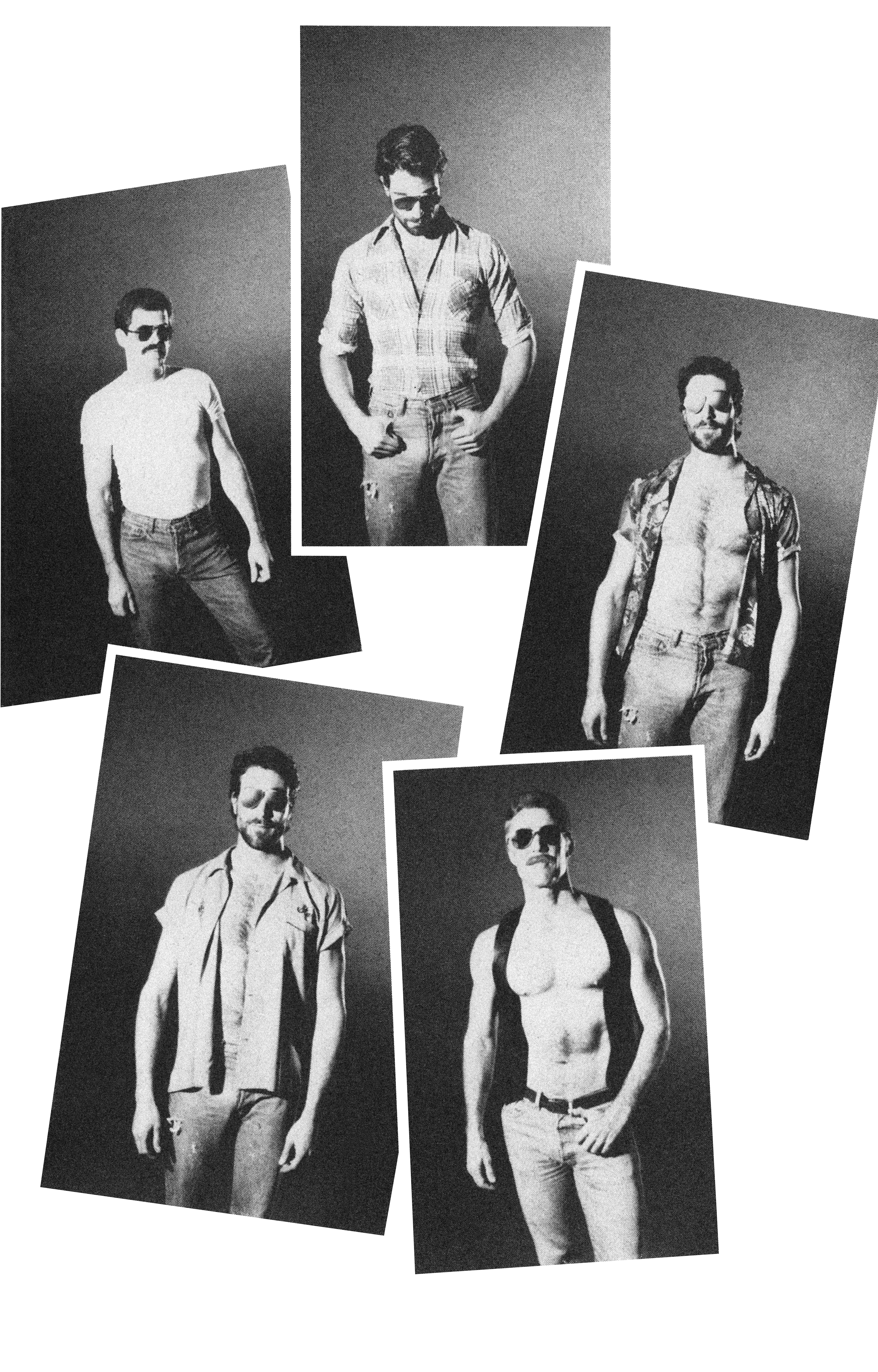Five black and white photographs scattered showing men in casual clothing, some shirtless, wearing sunglasses and jeans.