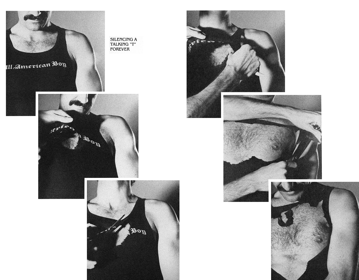 Black and white grid of six overlapping photographs showing torsos and arms, with text "SILENCING A TALKING T-SHIRT" in upper left corner.