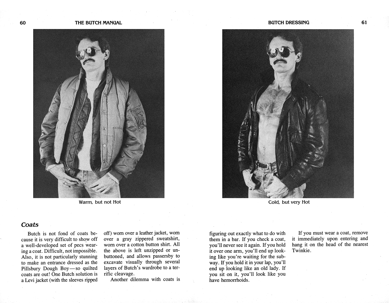 Two black and white photographs side by side showing men in leather jackets and sunglasses, with text above reading "THE BUTCH MANUAL" and "BUTCH DRESSING".
