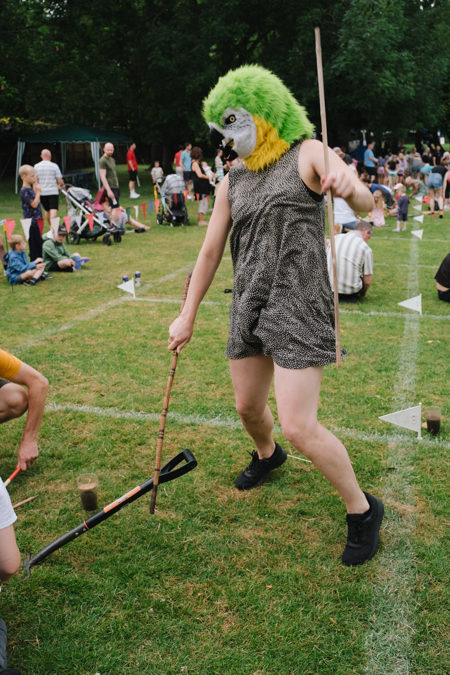 Person in green wig and animal mask wearing chainmail tunic holds wooden staff at outdoor event with crowd on grass.