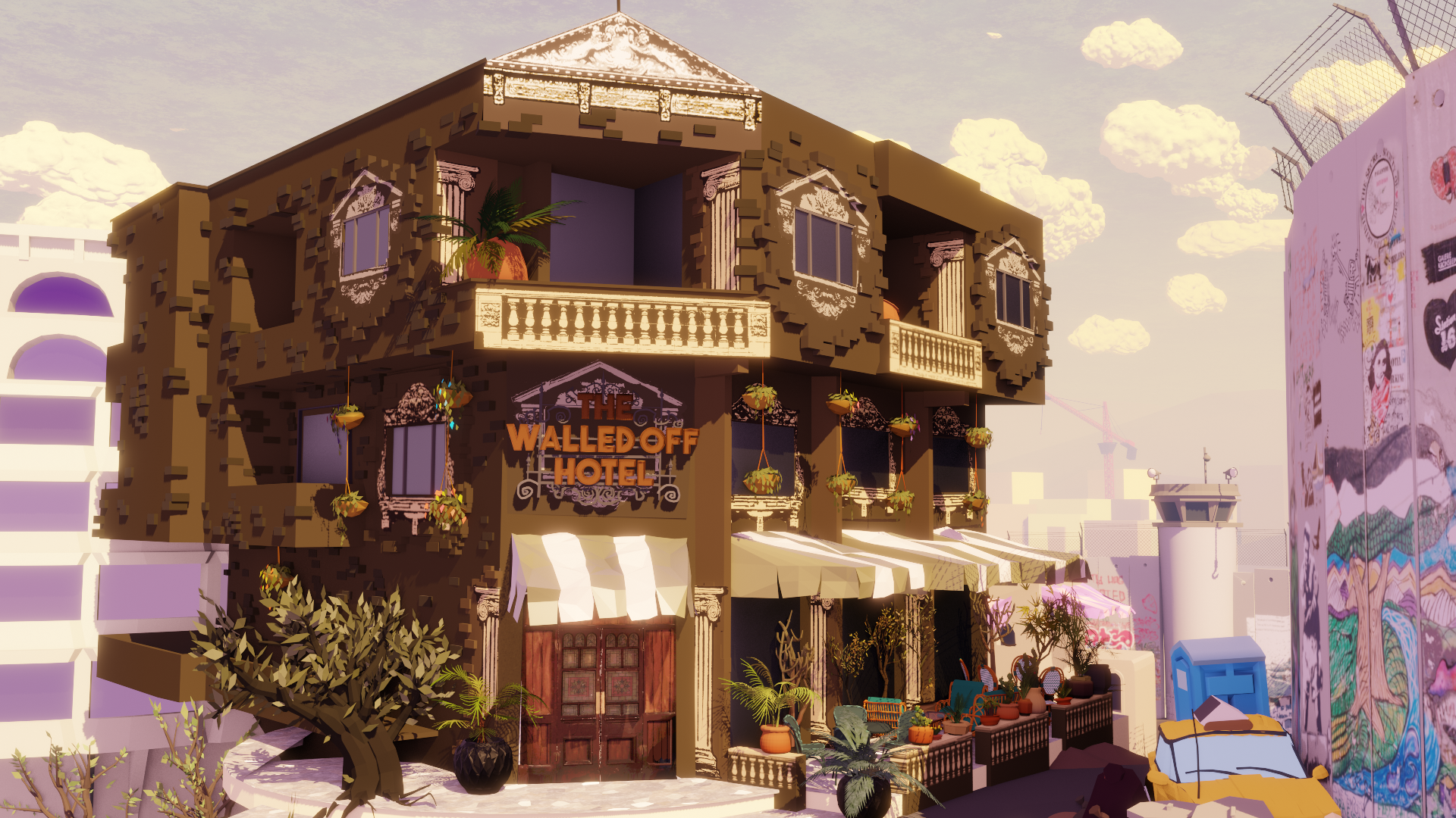 Digital illustration of a three-storey brown building with white balconies, orange signage, and striped purple buildings visible on either side.