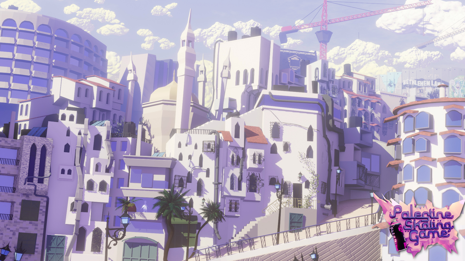 Stylised illustration of white and purple buildings cascading down hillside with domed structures, angular architecture, and cloudy sky.