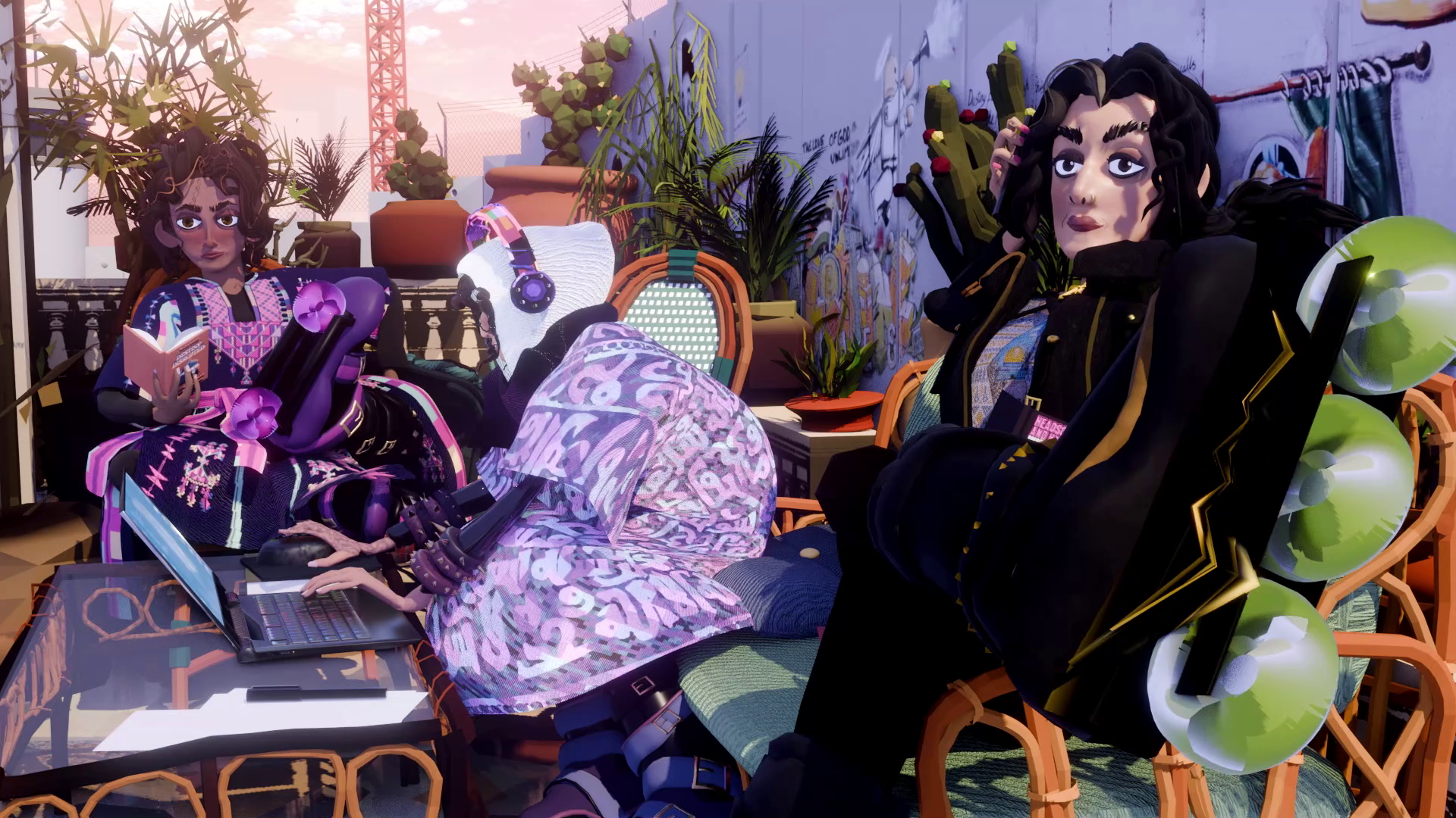 Two puppets seated on wicker chairs surrounded by potted plants. Left puppet wears purple, right puppet in black. Bright, colourful setting.