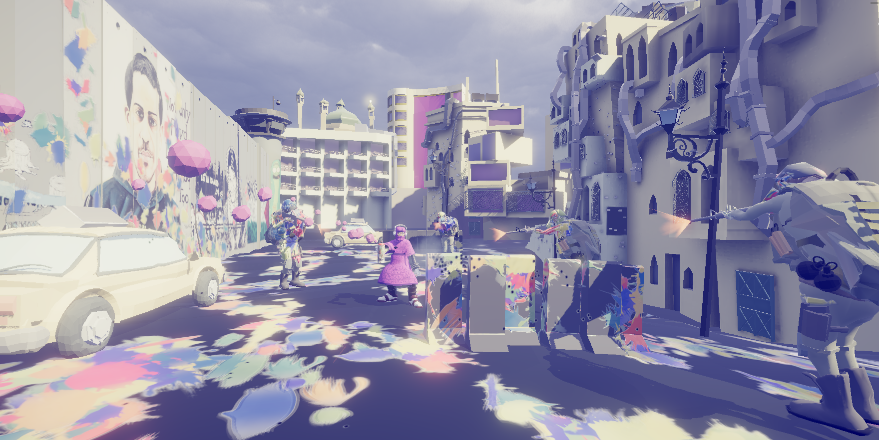 Colourful urban street scene with purple and pink tones, graffitied walls, multi-storey buildings, and scattered debris on pavement.