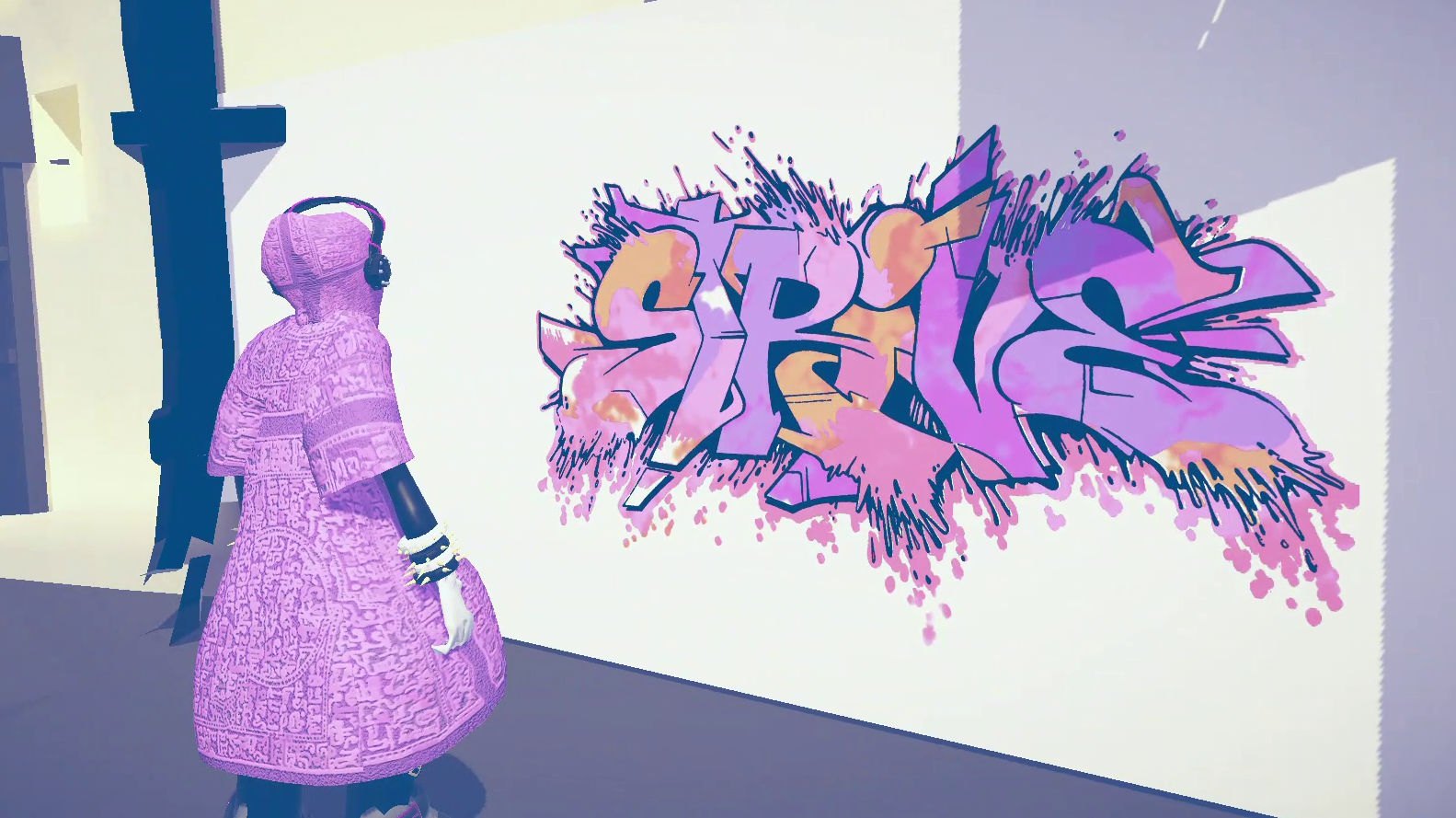 Purple-filtered figure stands before white wall with colourful graffiti text in pink, orange, and purple letters with splattered paint effects.