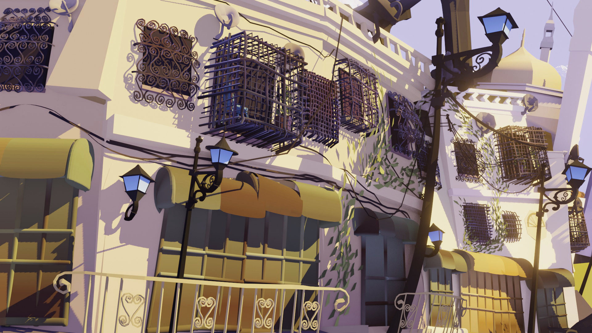 Digital illustration of Mediterranean-style buildings with cream walls, dark metal balconies, blue lanterns, and purple sky backdrop.