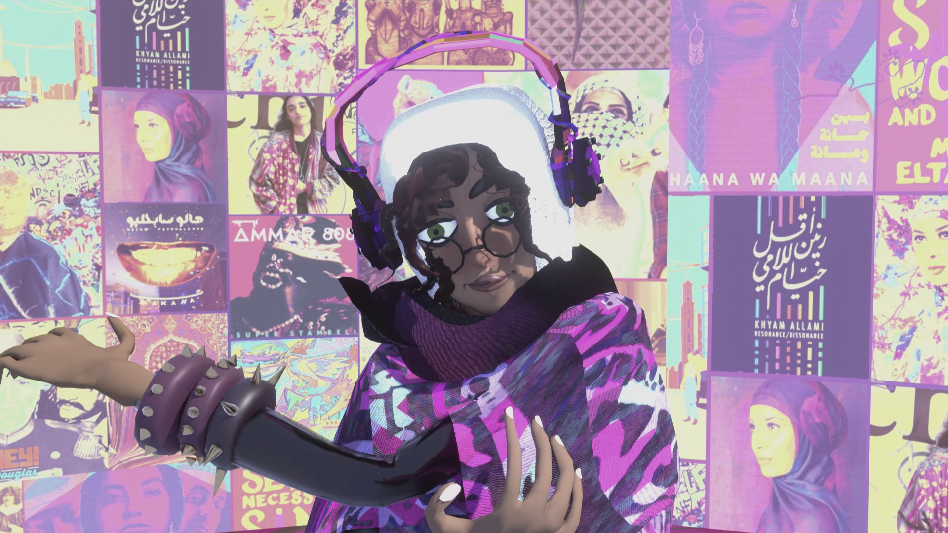 Digital collage with purple headphones figure against mosaic background of pink, purple, and yellow geometric patterns and Arabic text.